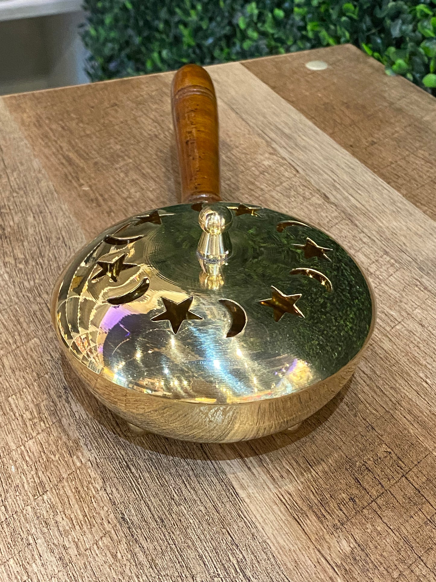 Gold Painted Iron Star and Moon Cauldron Pan w/ Wooden Handle