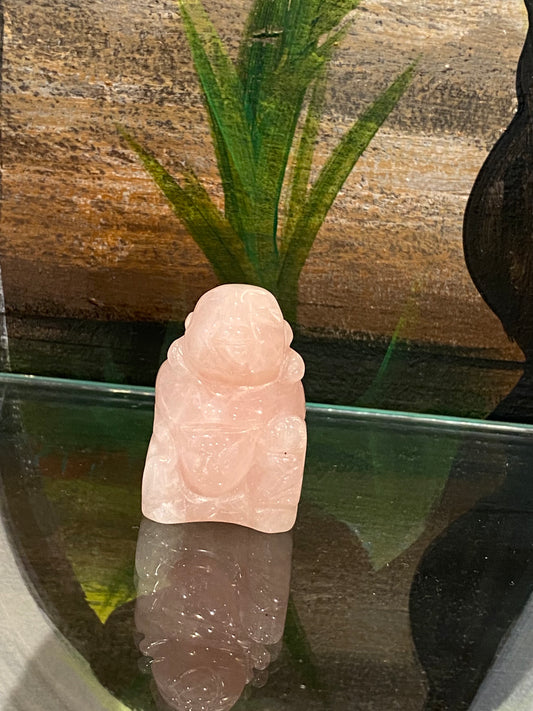 Happy Buddha Hand Carved Polished Crystal Rose Quartz