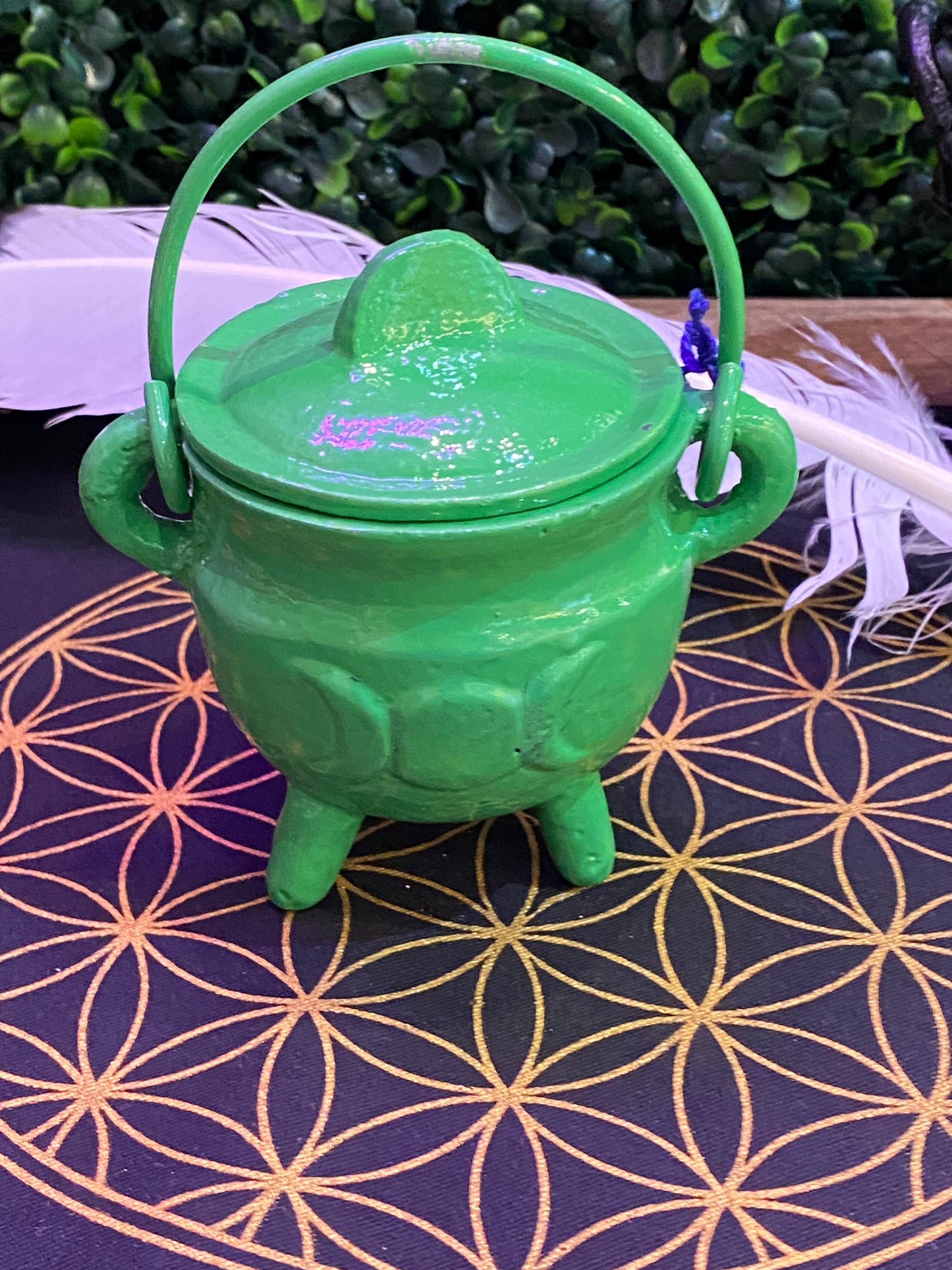 Green Triple Moon Cast Iron Cauldron