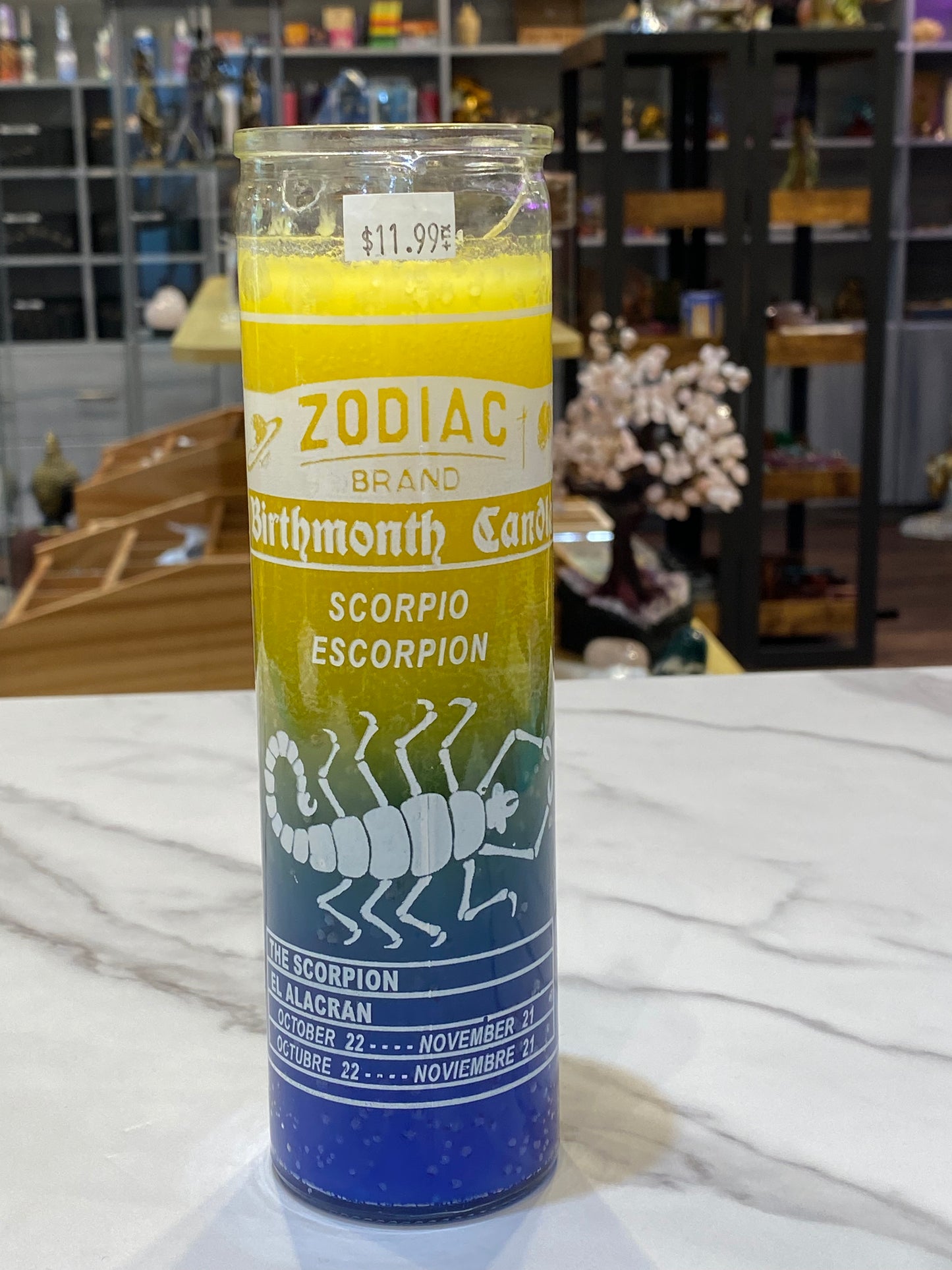 Zodiac Scorpio 7 Day Candle, Yellow/Blue