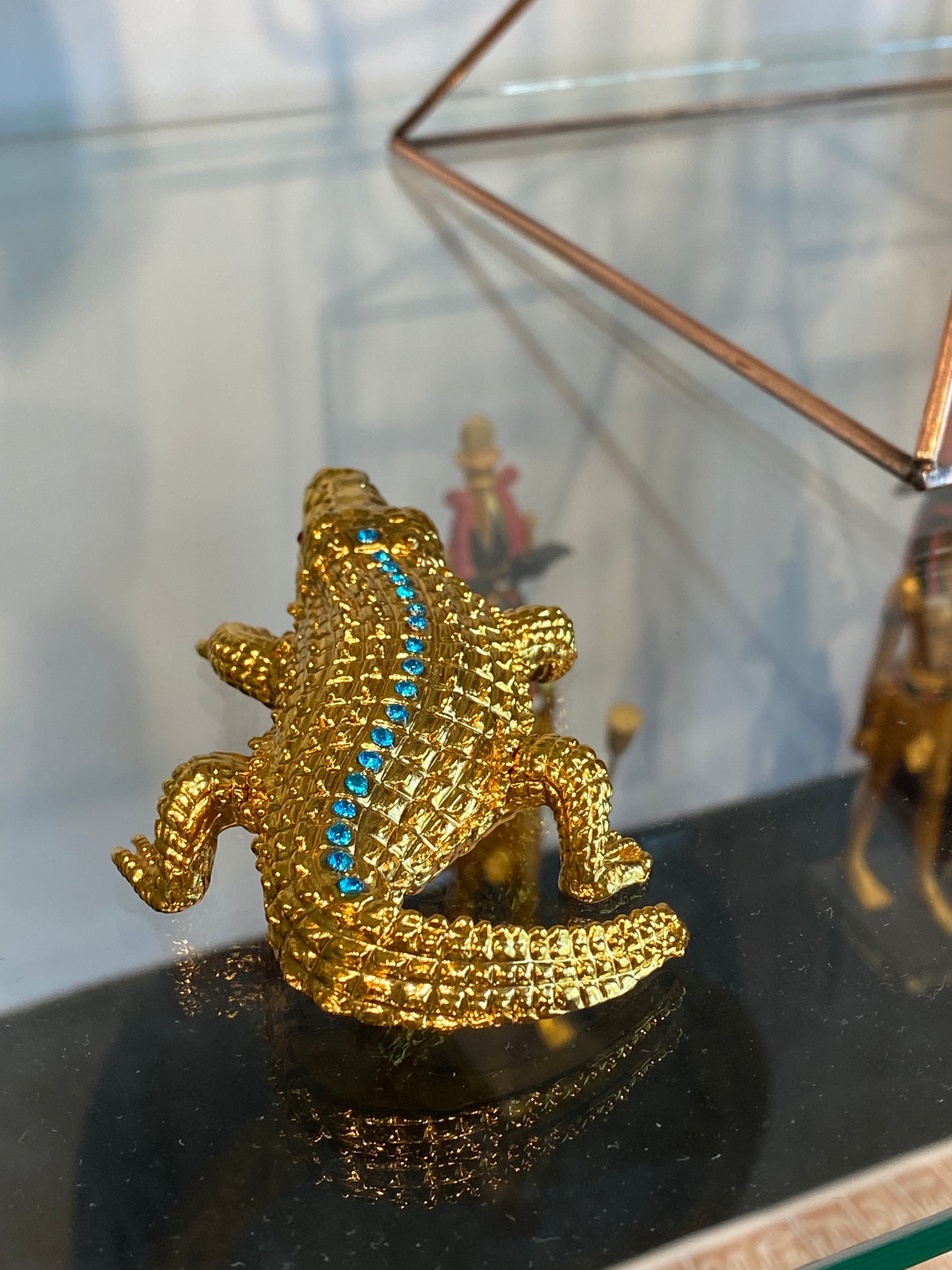 Gold and Turquoise Alligator Bejeweled Trinket Box