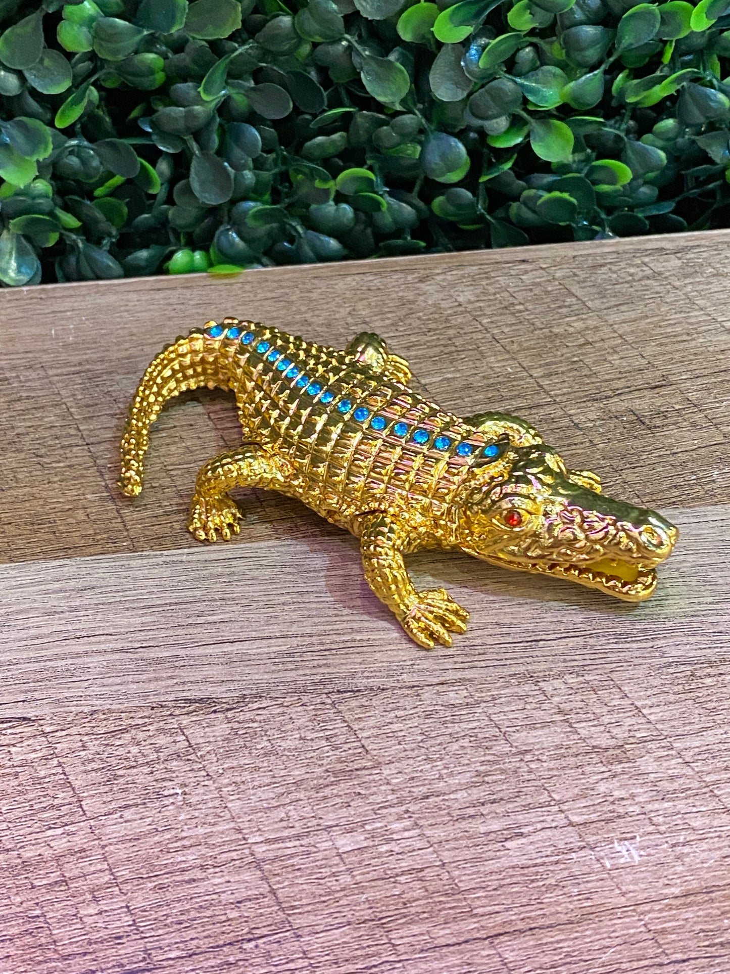 Gold and Turquoise Alligator Bejeweled Trinket Box