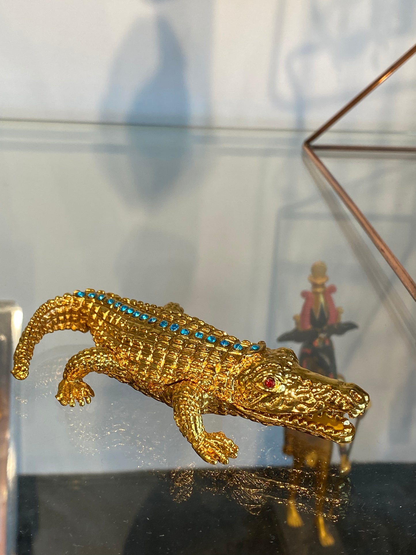 Gold and Turquoise Alligator Bejeweled Trinket Box