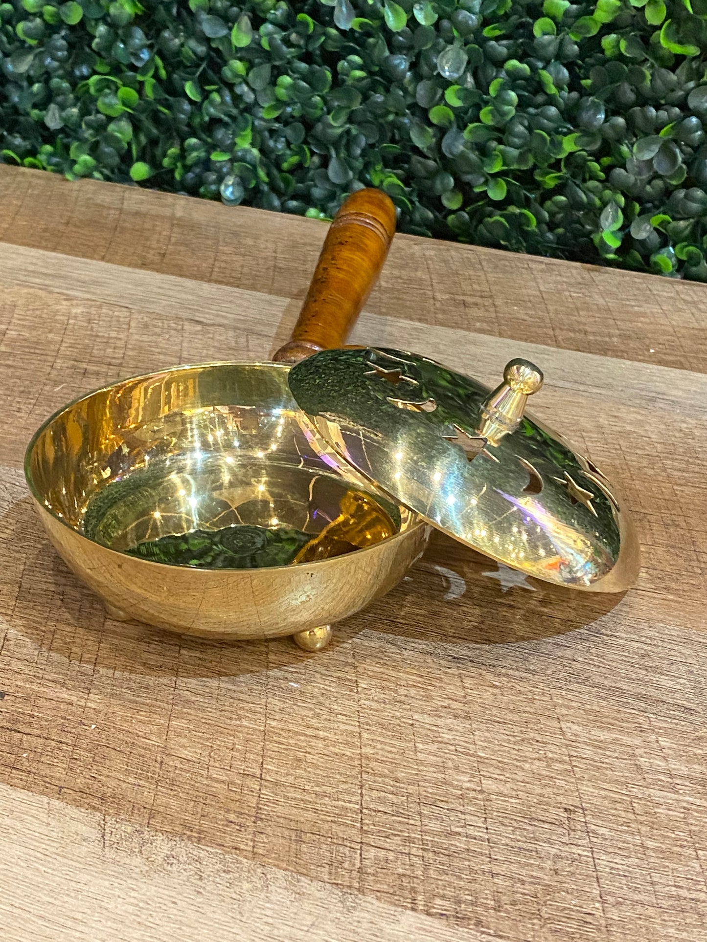 Gold Painted Iron Star and Moon Cauldron Pan w/ Wooden Handle