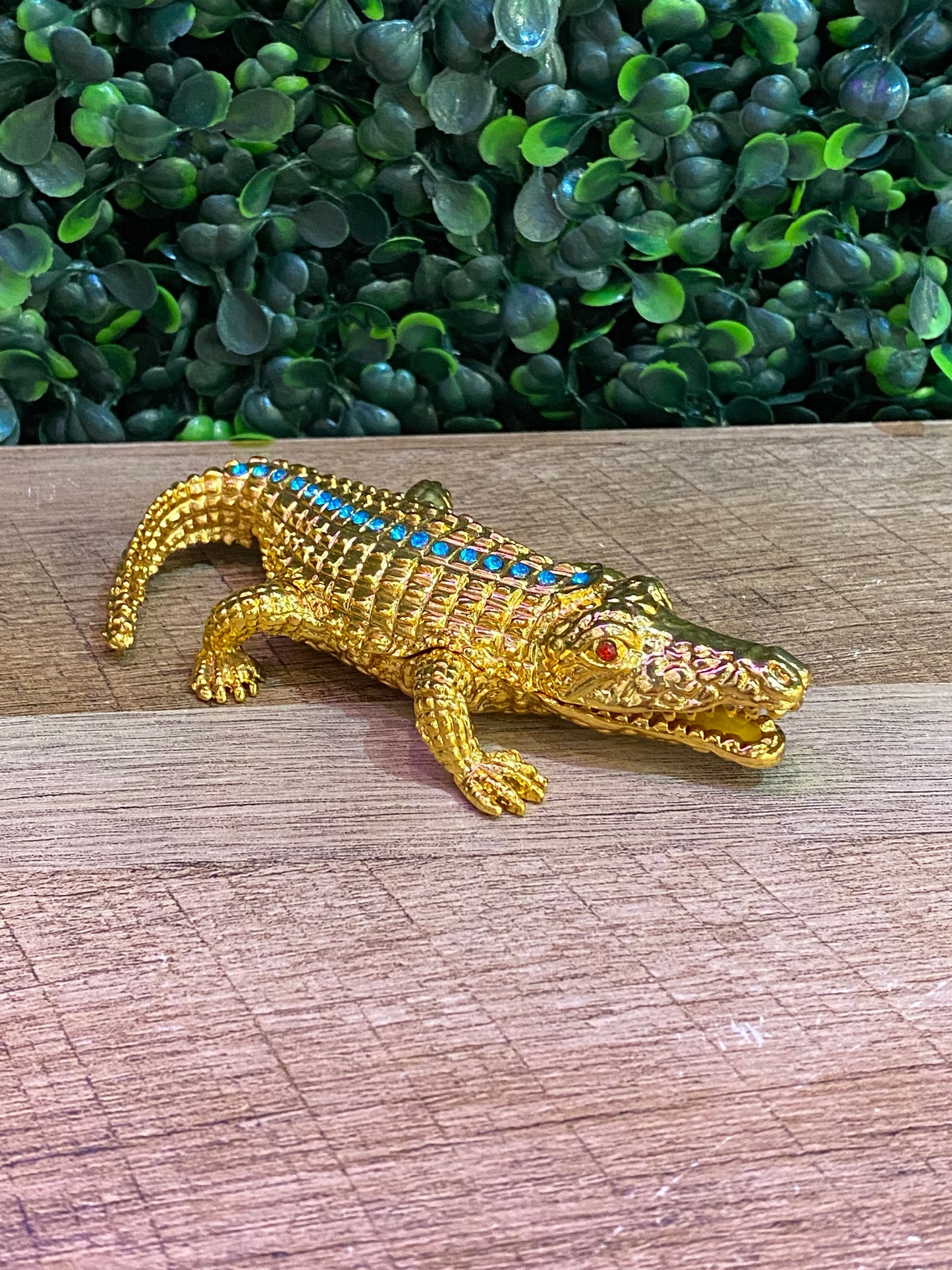 Gold and Turquoise Alligator Bejeweled Trinket Box