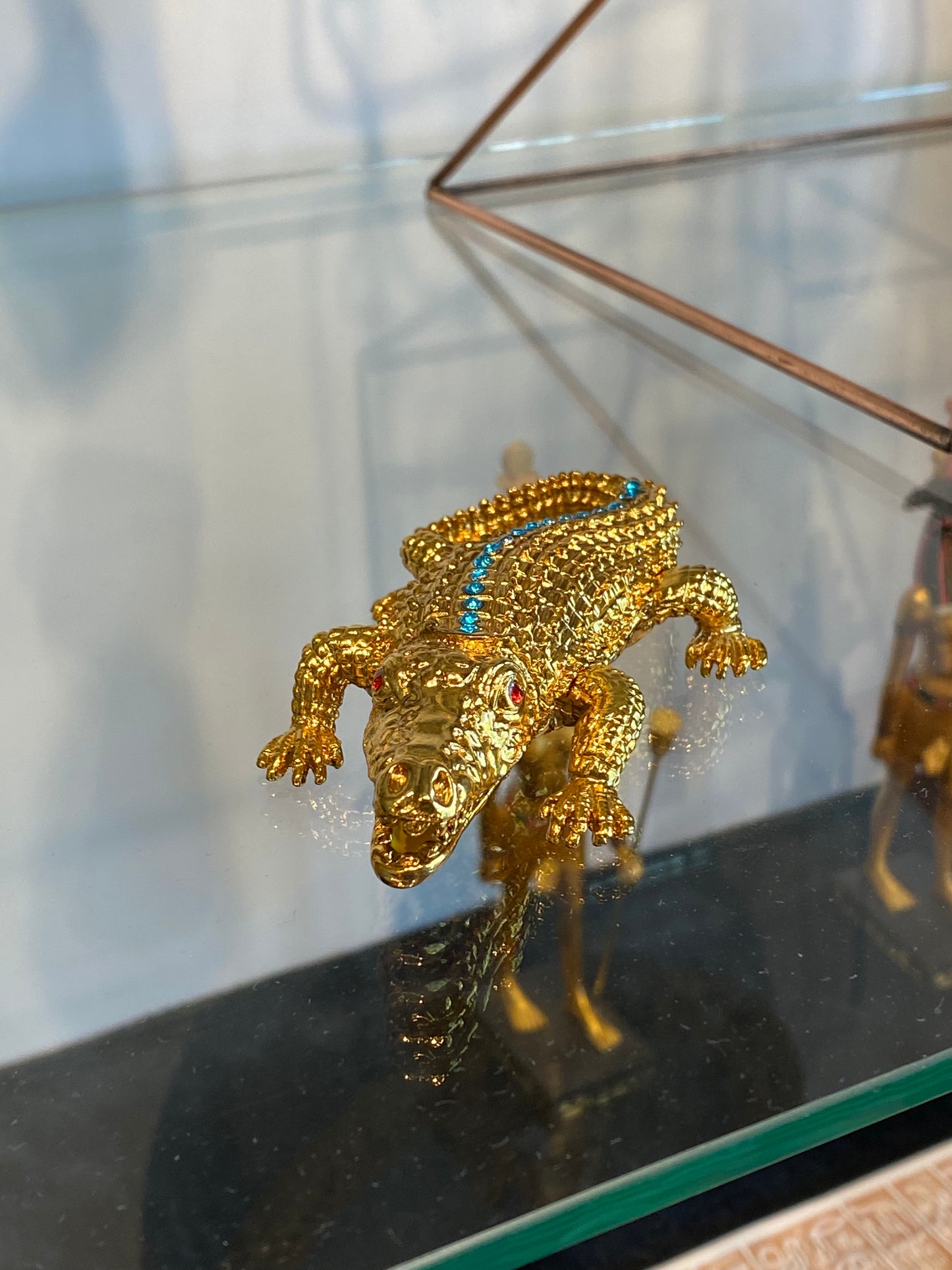 Gold and Turquoise Alligator Bejeweled Trinket Box