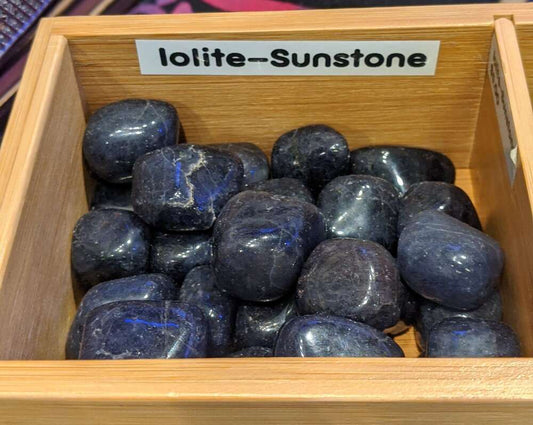 Iolite Tumbled stones with Sunstone for spiritual growth and optimism.