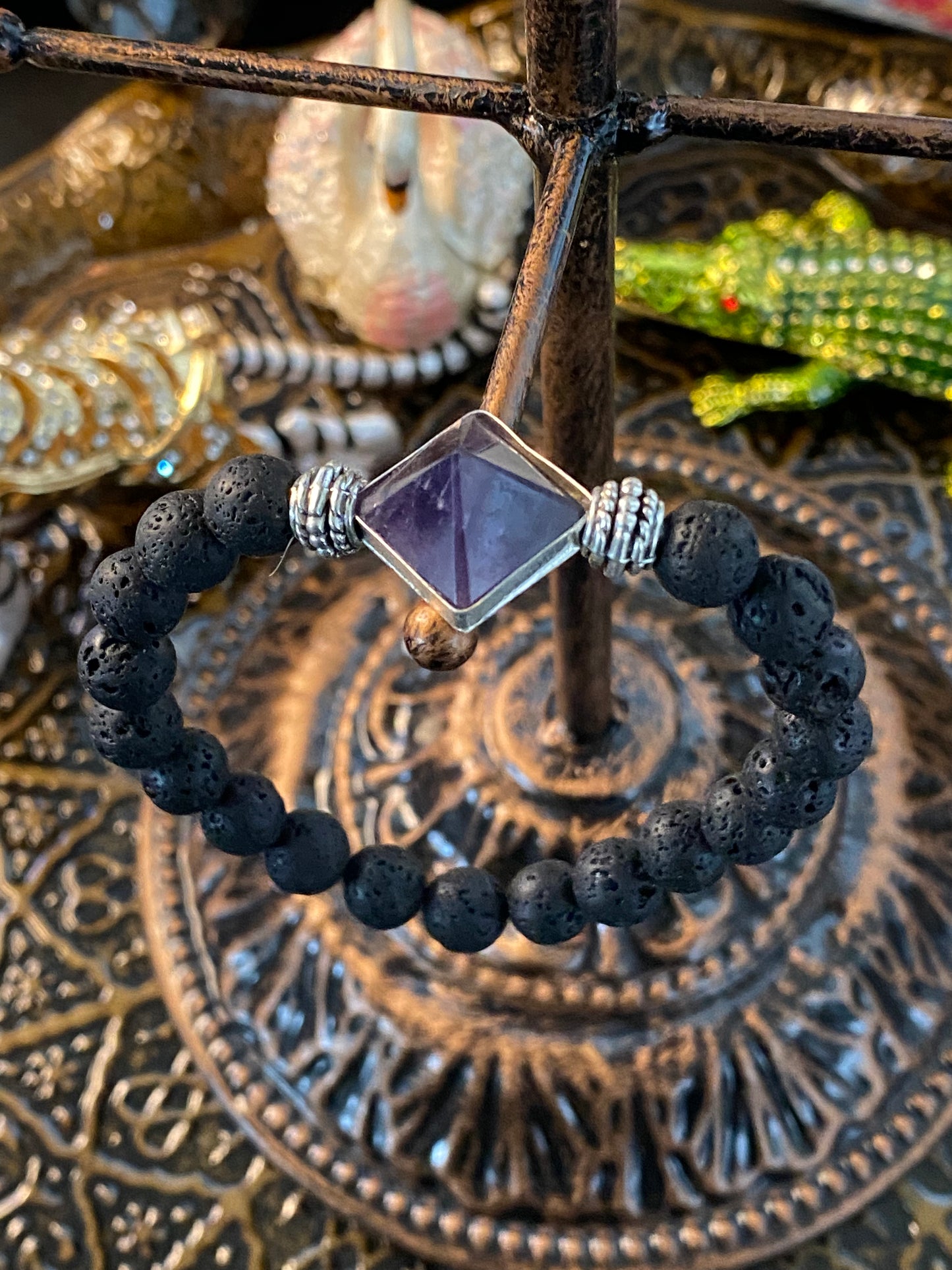 Lava Rock Gemstone Bracelet With Amethyst Pyramid