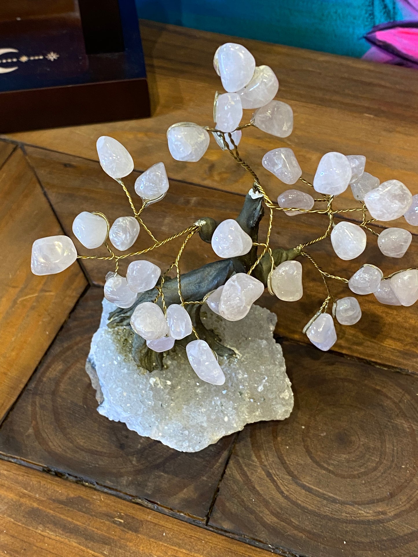 Bonsai Tree: Rose Quartz On Clear Quartz Cluster