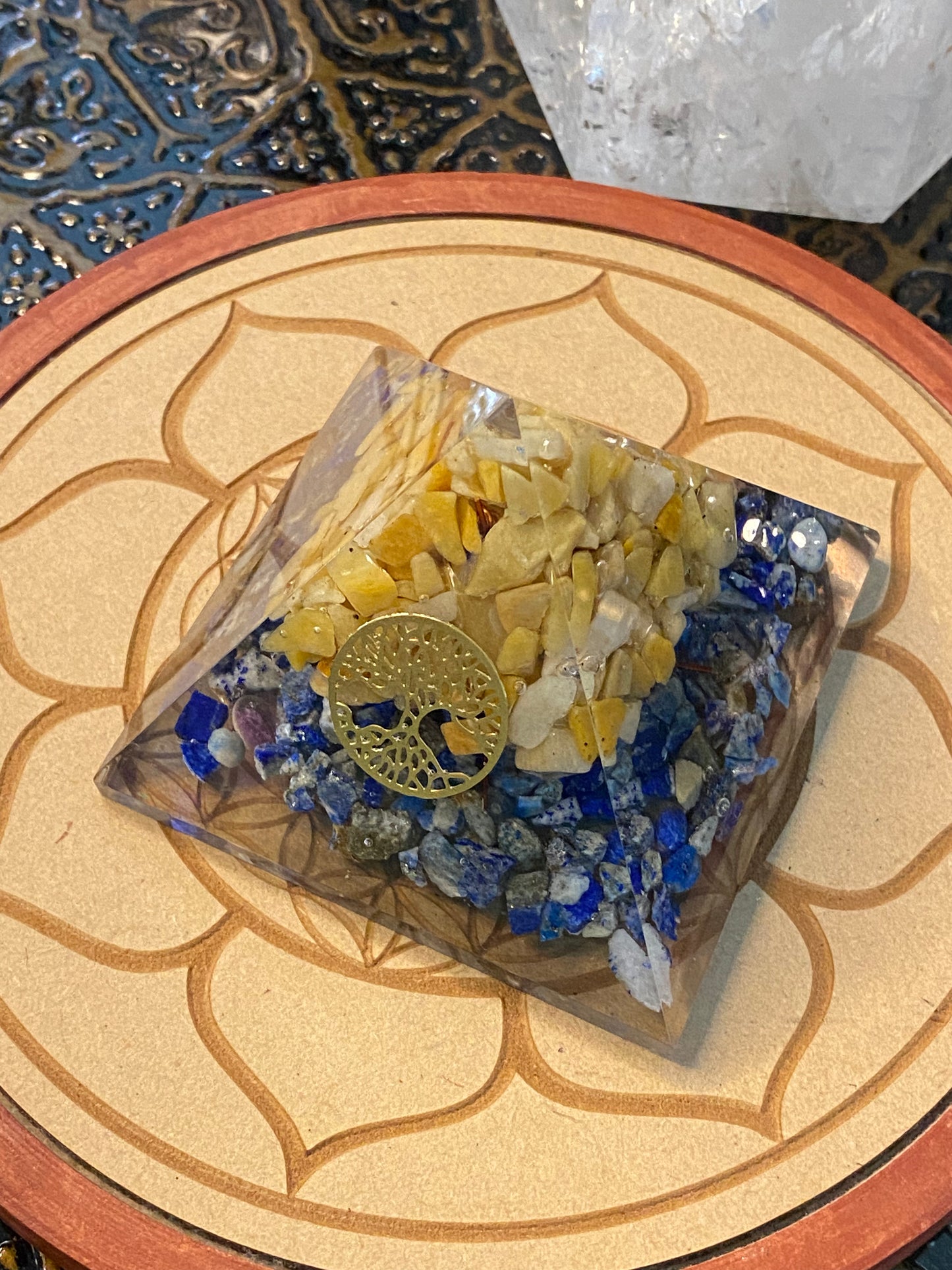 Orgonite Pyramid Lapis Lazuli with Yellow Aventurine & Tree Of Life