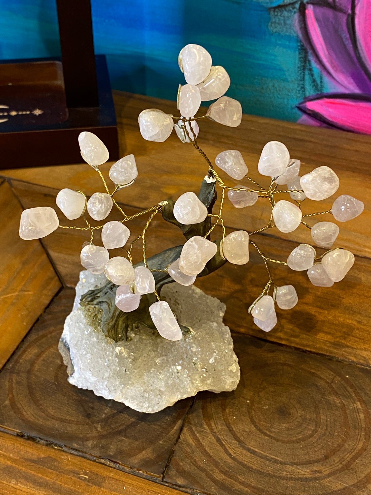 Bonsai Tree: Rose Quartz On Clear Quartz Cluster