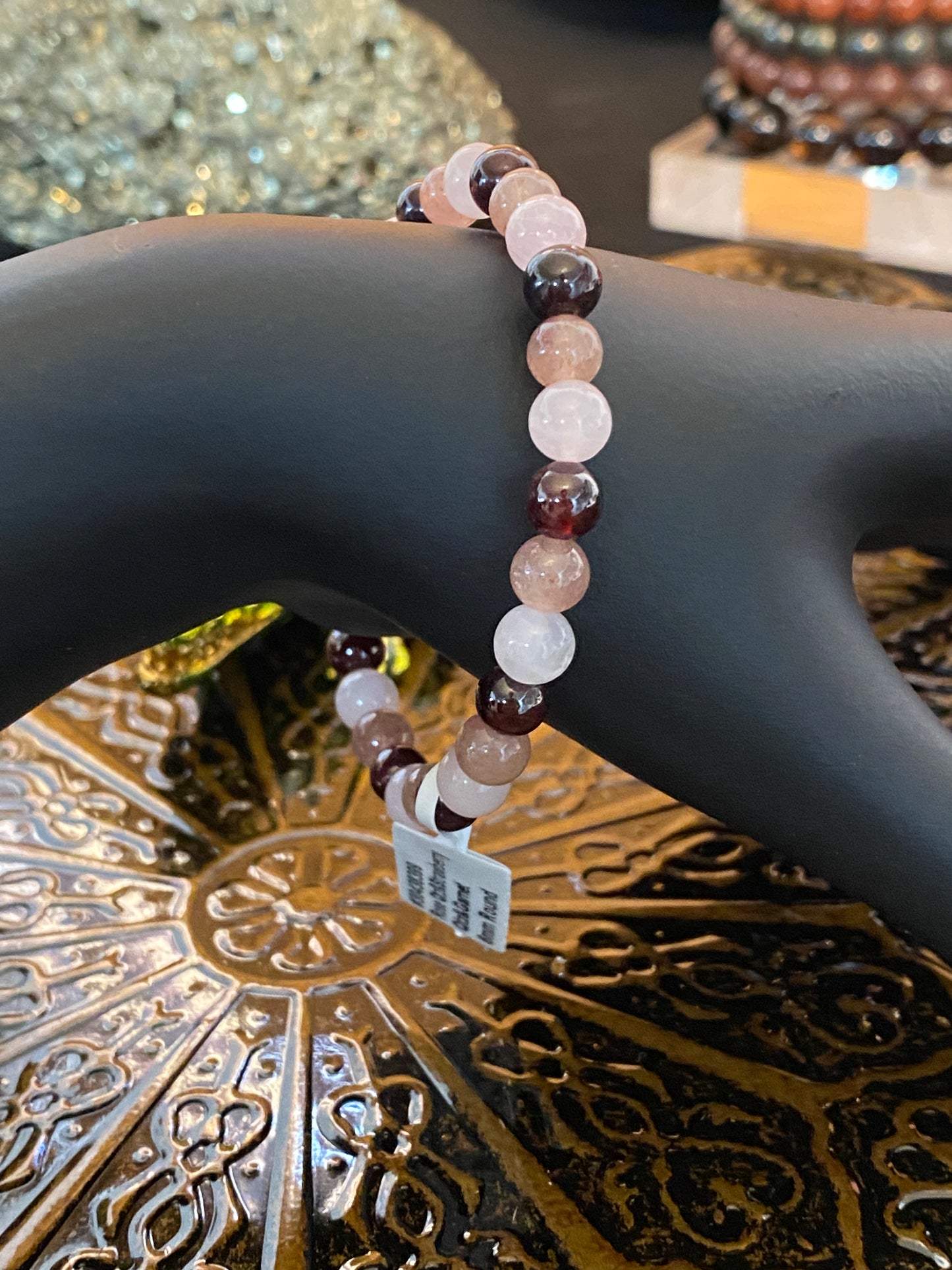 Rose Quartz, Strawberry Quartz and Garnet Beaded String Bracelet