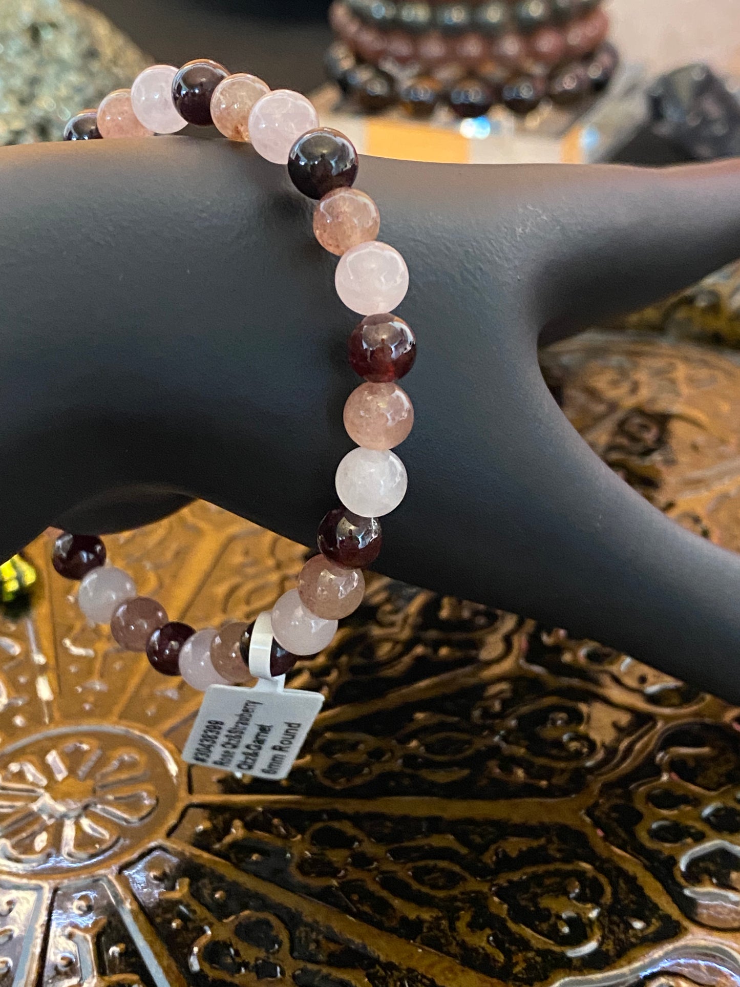 Rose Quartz, Strawberry Quartz and Garnet Beaded String Bracelet