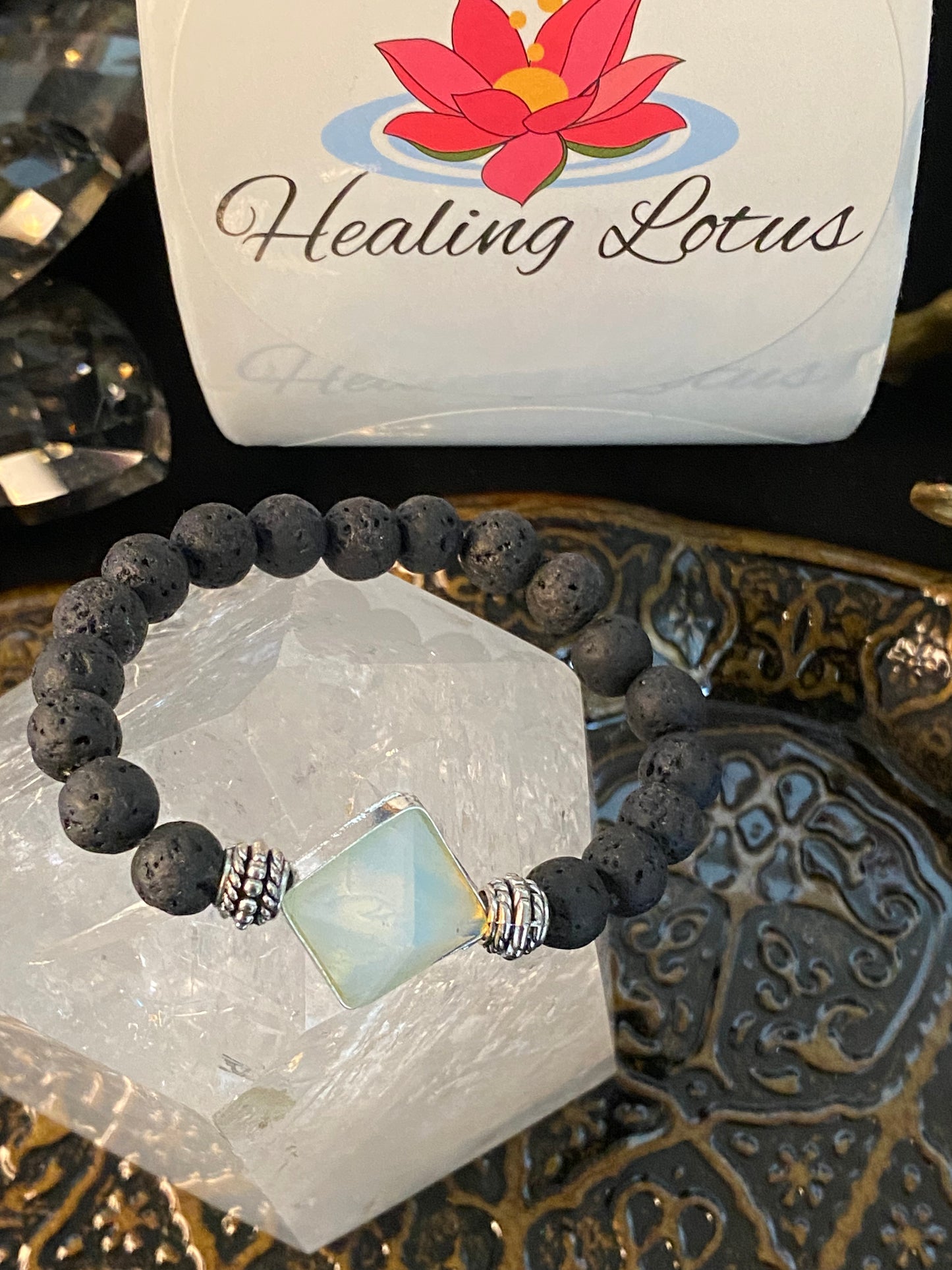 Lava Rock Gemstone Bracelet With Opalite Pyramid