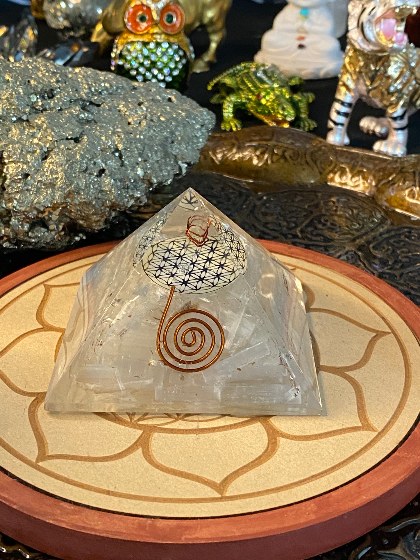 Orgonite Pyramid Selenite, Flower Of Life and Clear Quartz Point Talisman and Gold Dust