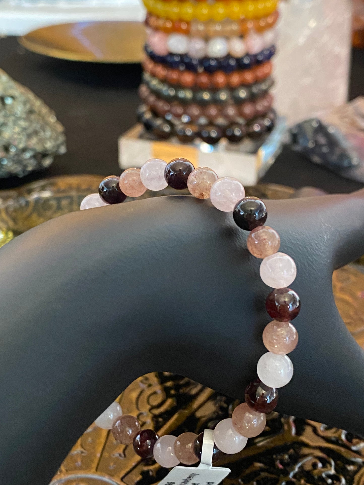 Rose Quartz, Strawberry Quartz and Garnet Beaded String Bracelet