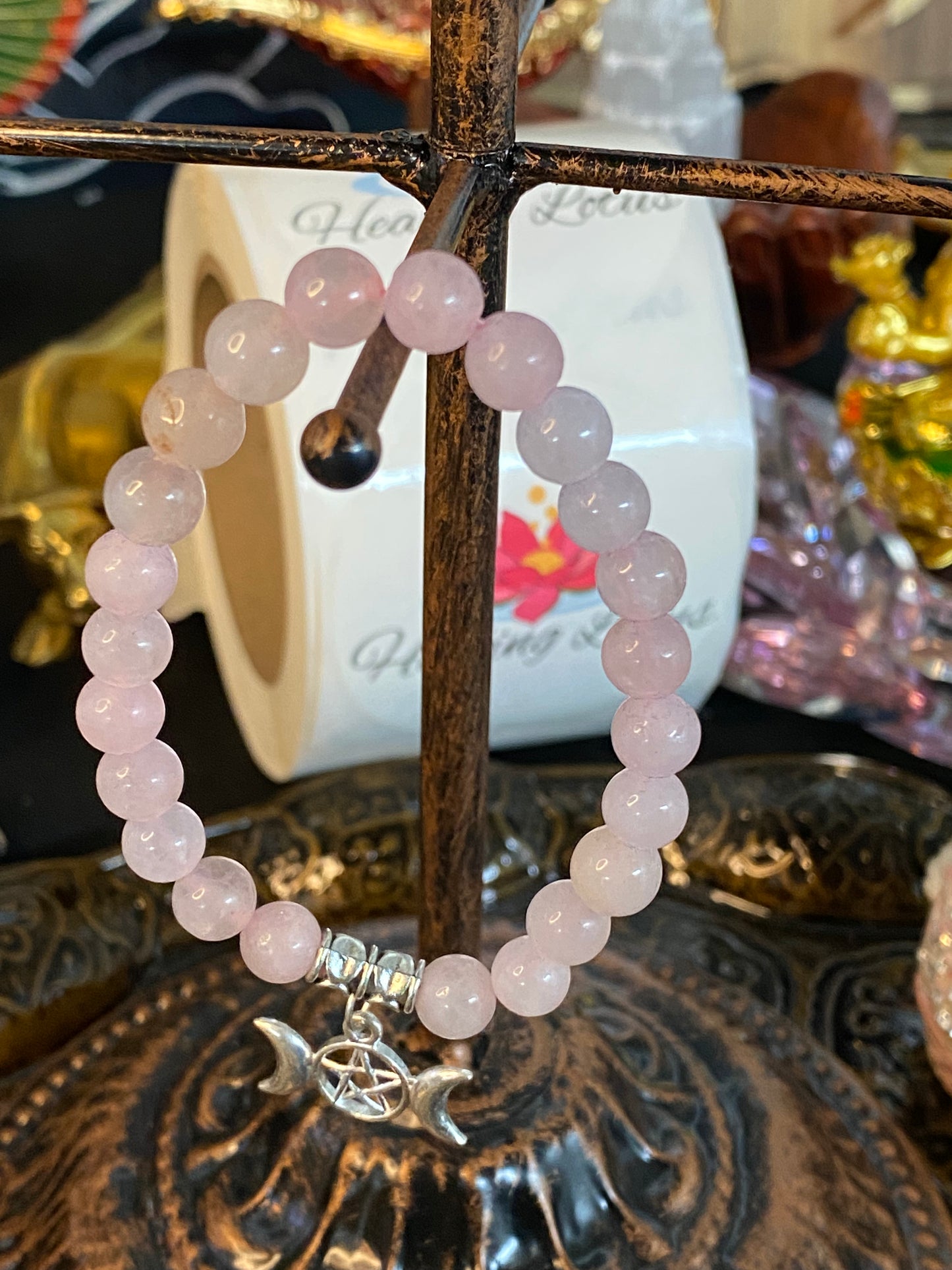 Rose Quartz Gemstone Bracelet With Triple Moon Charm