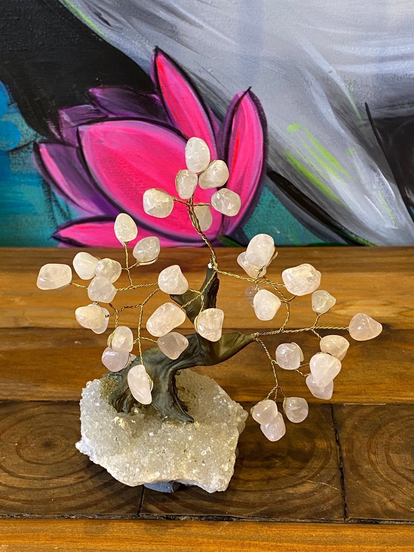 Bonsai Tree: Rose Quartz On Clear Quartz Cluster