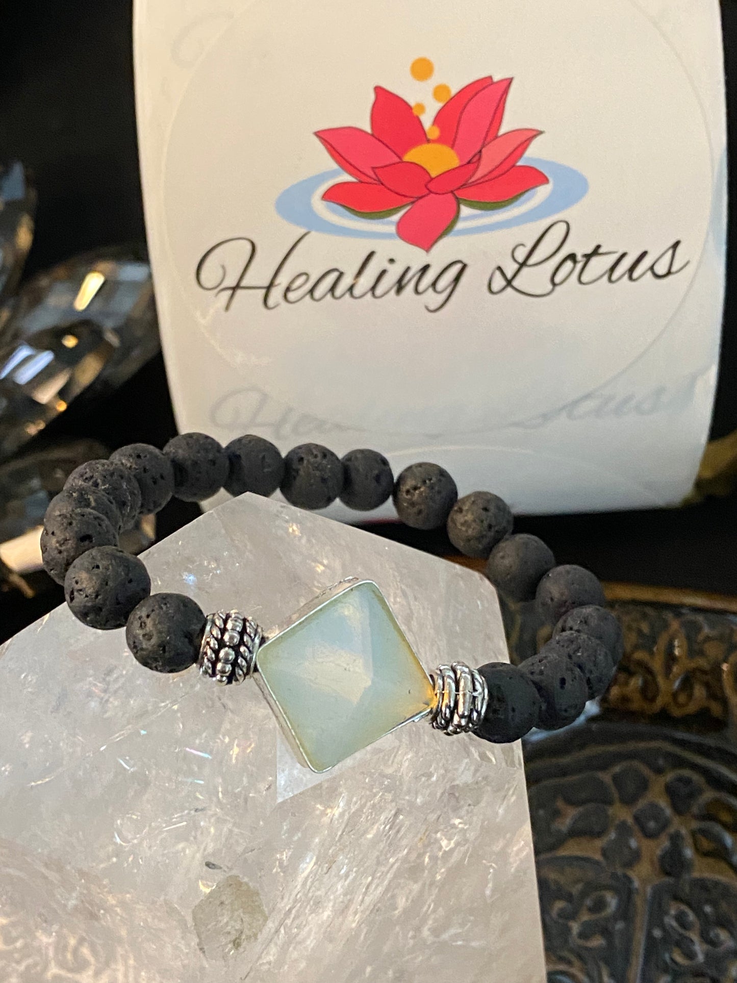 Lava Rock Gemstone Bracelet With Opalite Pyramid