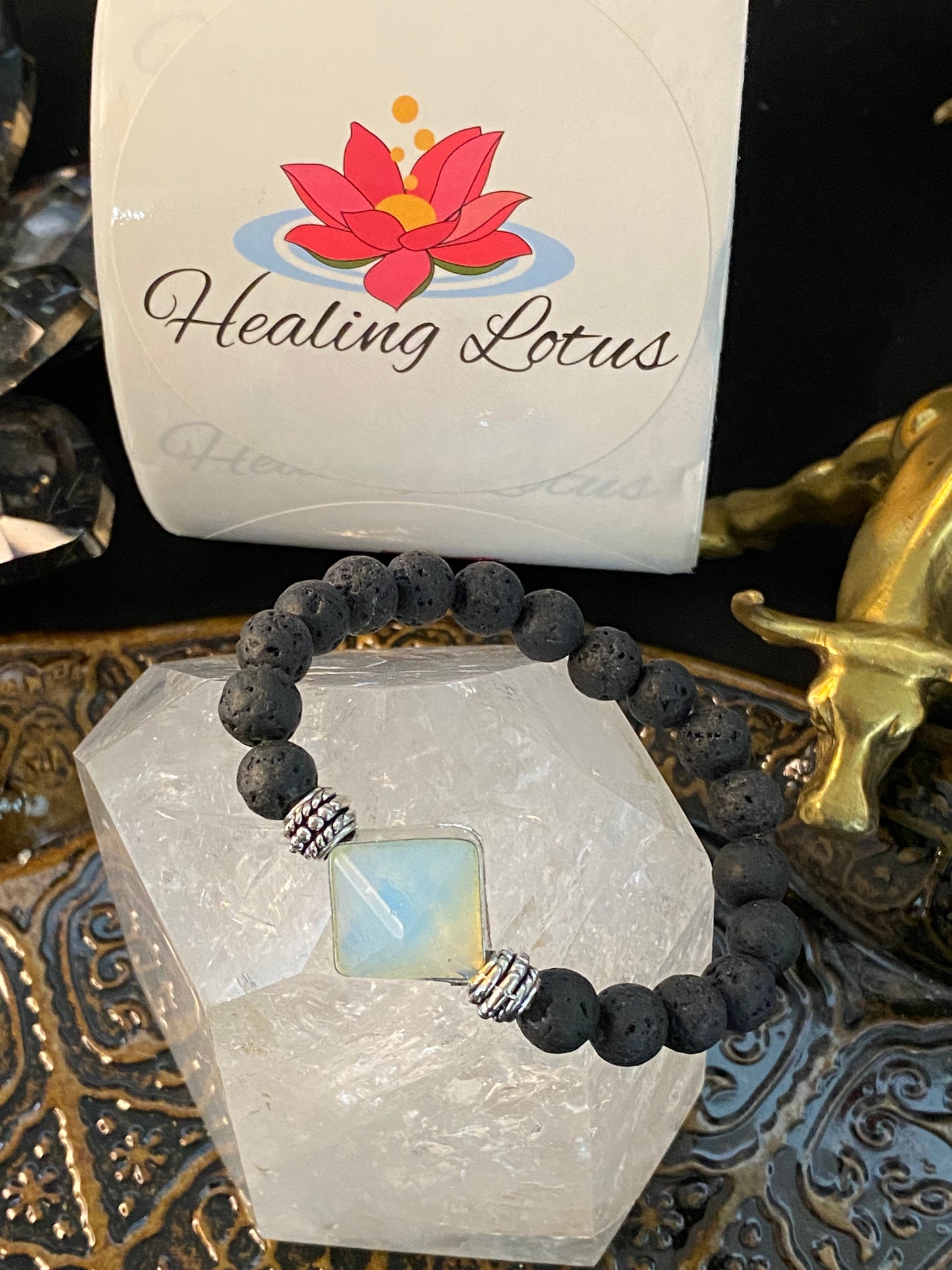 Lava Rock Gemstone Bracelet With Opalite Pyramid