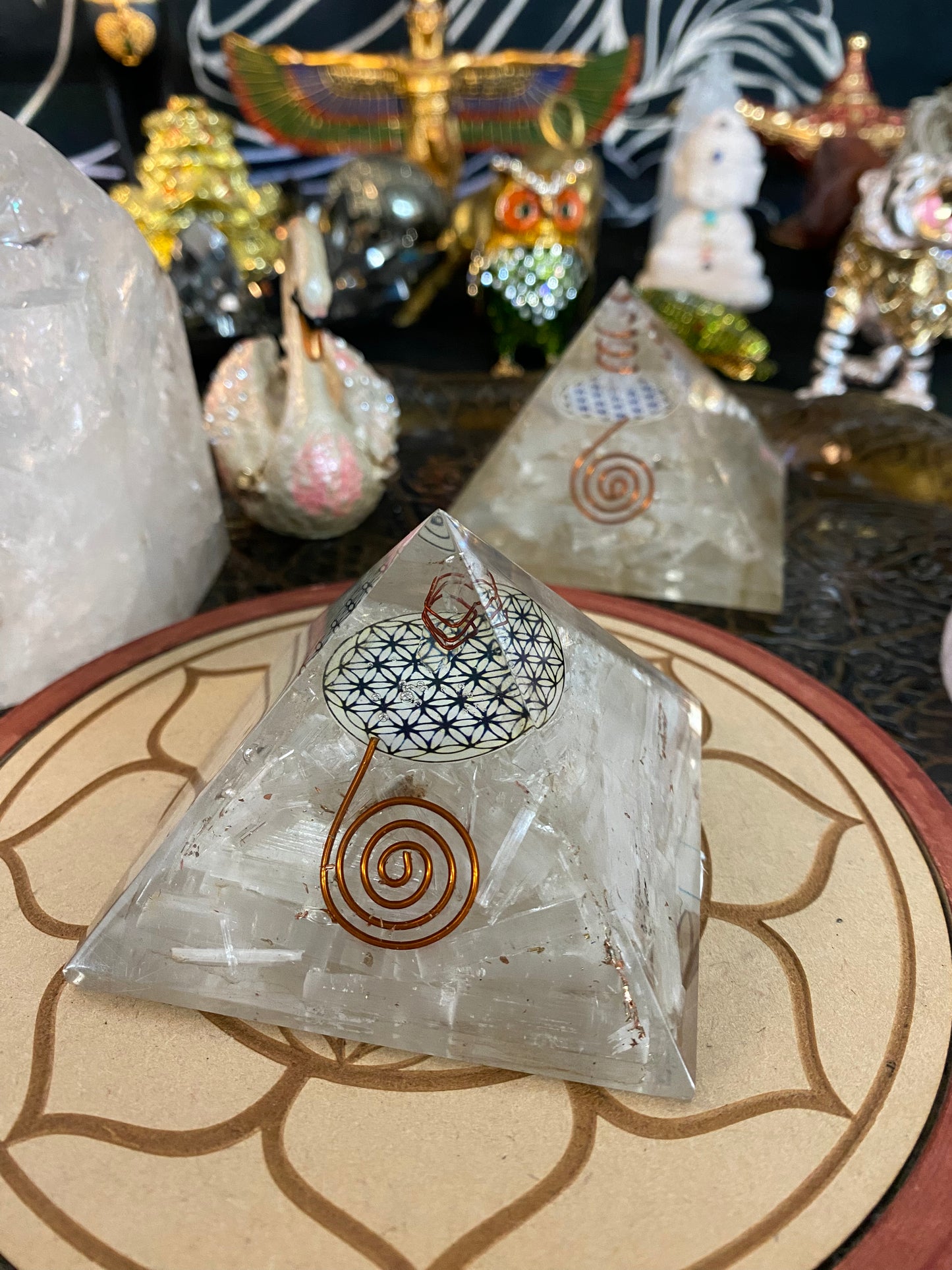 Orgonite Pyramid Selenite, Flower Of Life and Clear Quartz Point Talisman and Gold Dust