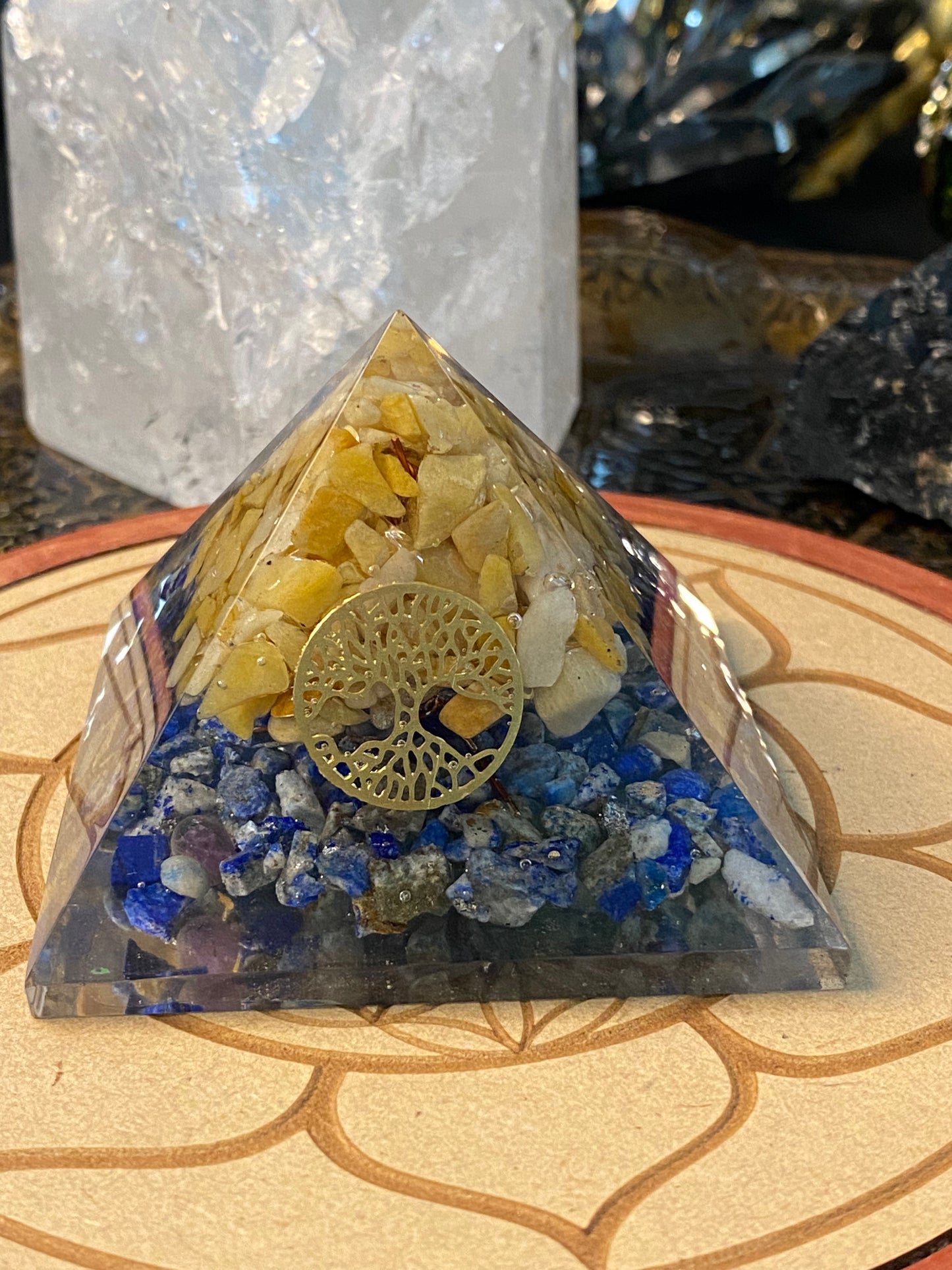 Orgonite Pyramid Lapis Lazuli with Yellow Aventurine & Tree Of Life