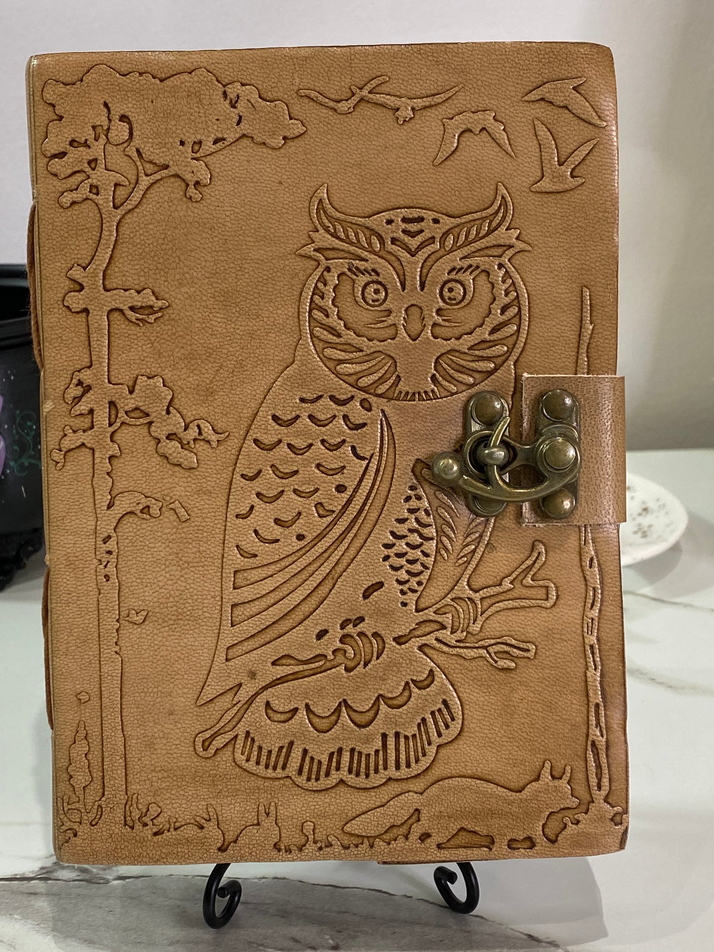 Owl in Jungle leather w/ Latch Paper Journal Book