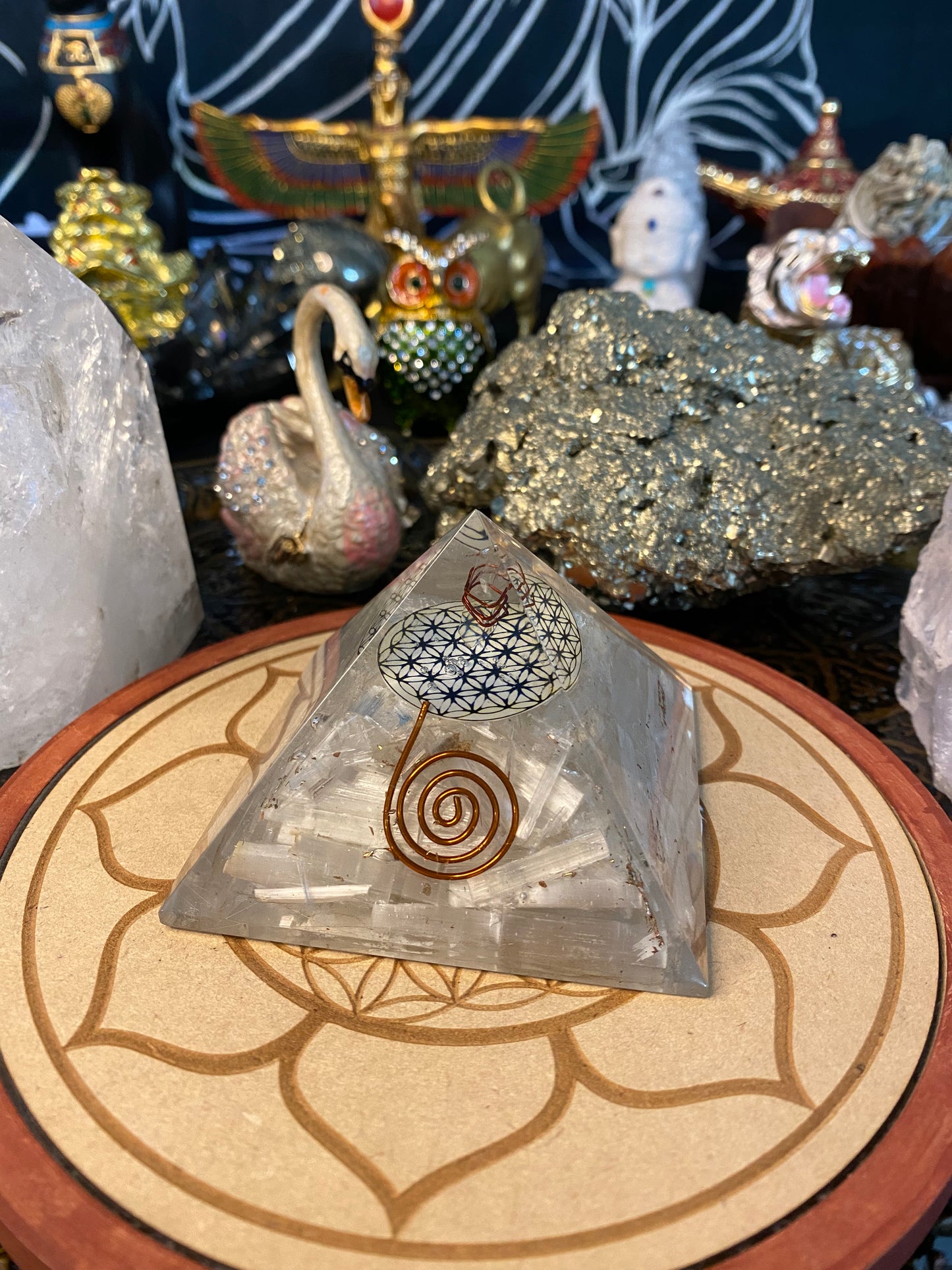 Orgonite Pyramid Selenite, Flower Of Life and Clear Quartz Point Talisman and Gold Dust