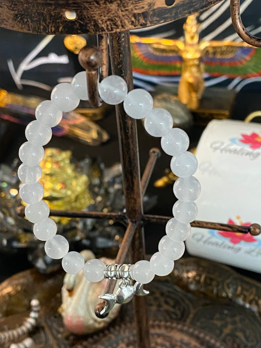 White Agate Gemstone Bracelet With Triple Moon Charm