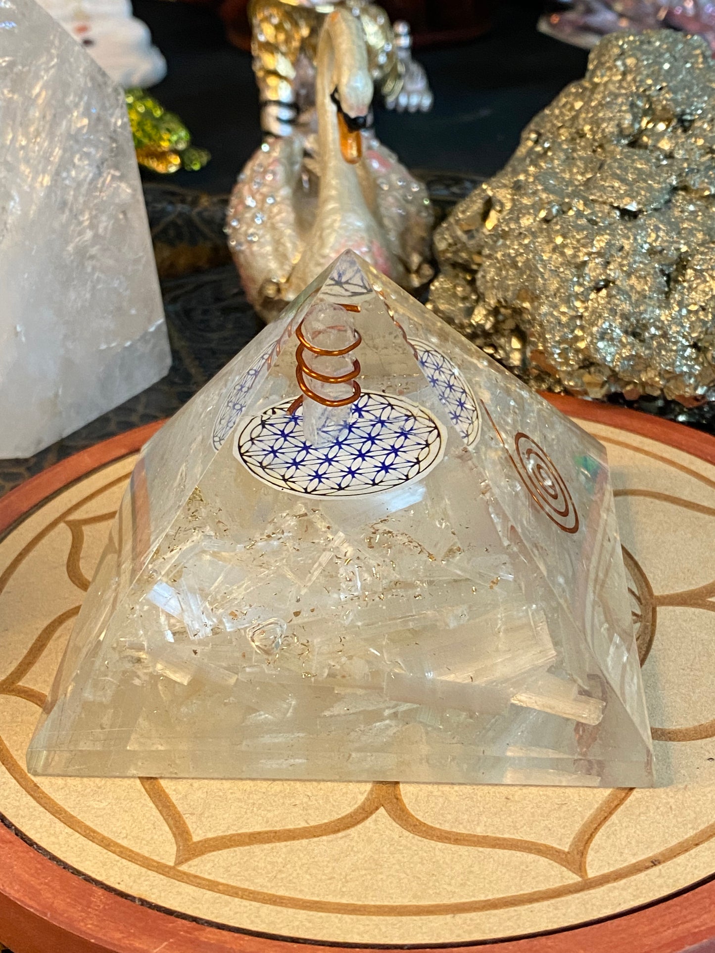 Orgonite Pyramid Large Selenite with Clear Quartz Point Flower Of Life Talisman and Gold Dust