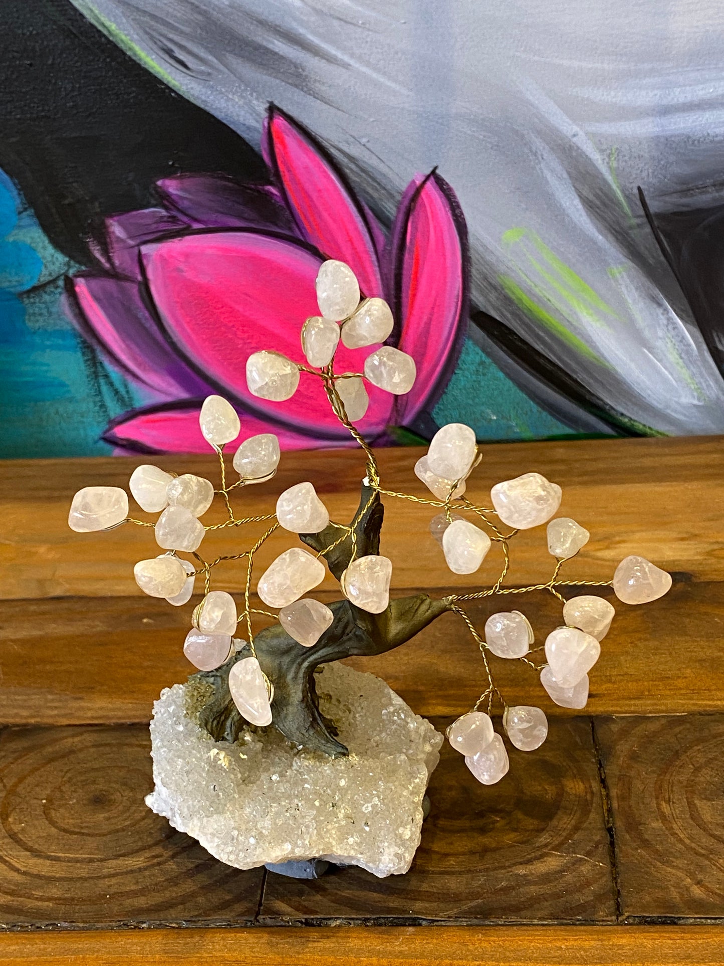 Bonsai Tree: Rose Quartz On Clear Quartz Cluster