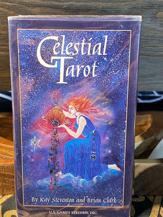 Celestial Tarot Deck packaging with cosmic and mystical artwork.