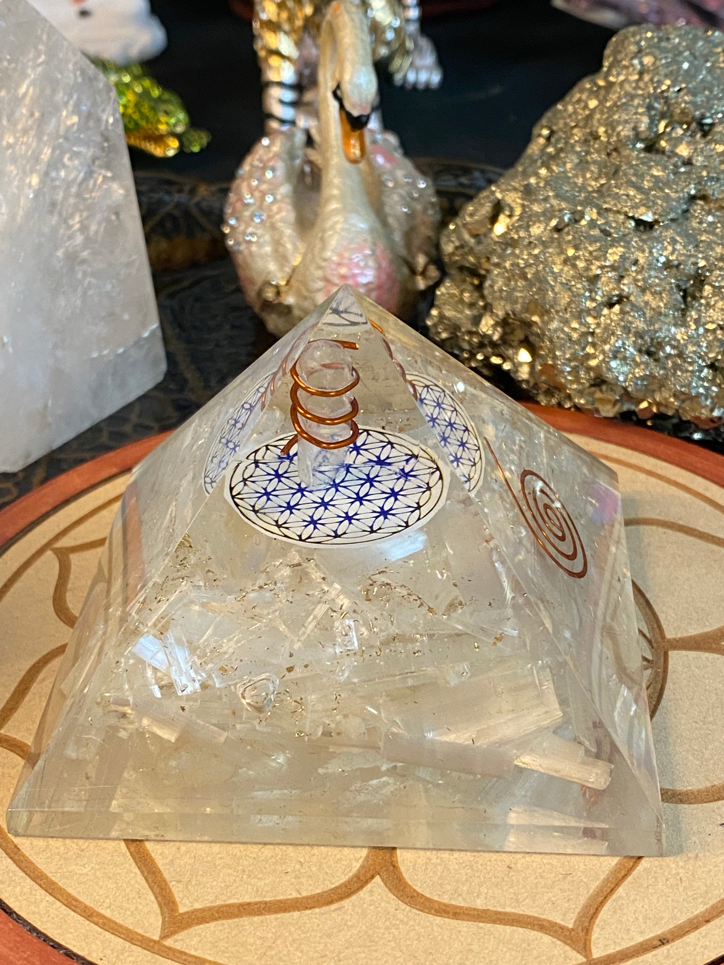 Orgonite Pyramid Large Selenite with Clear Quartz Point Flower Of Life Talisman and Gold Dust