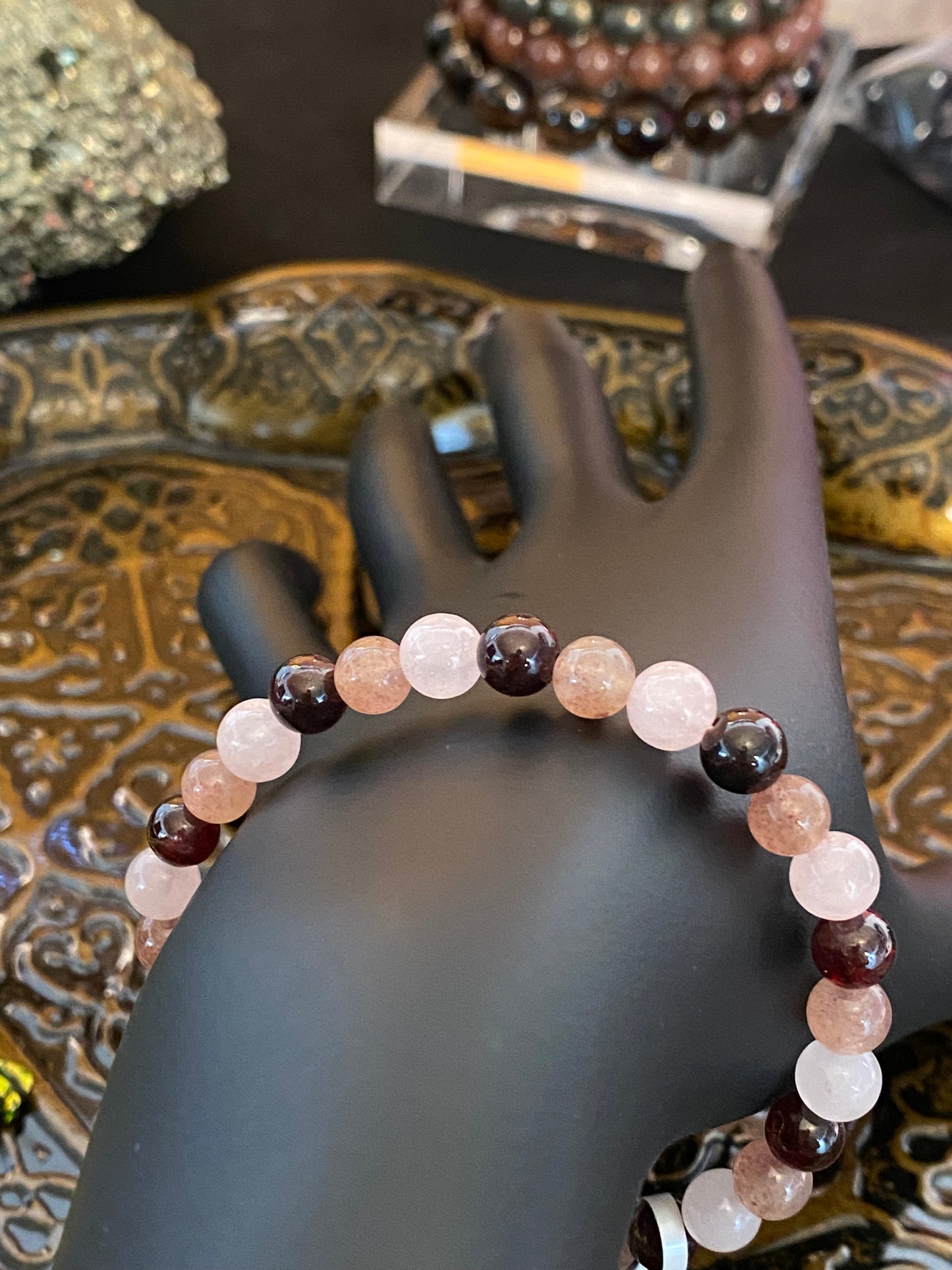 Rose Quartz, Strawberry Quartz and Garnet Beaded String Bracelet