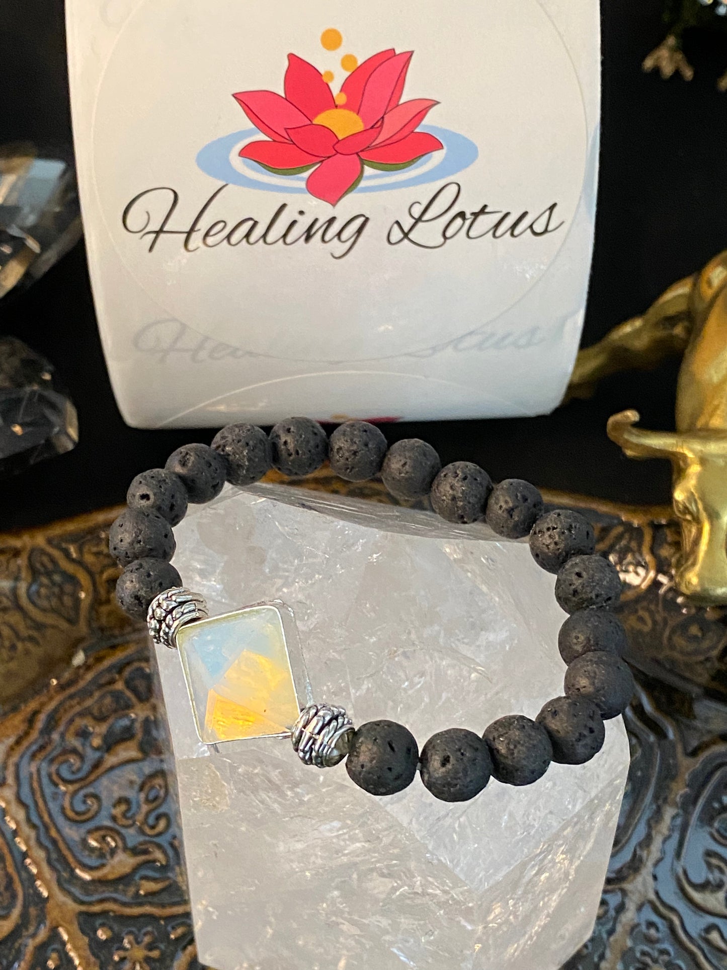 Lava Rock Gemstone Bracelet With Opalite Pyramid