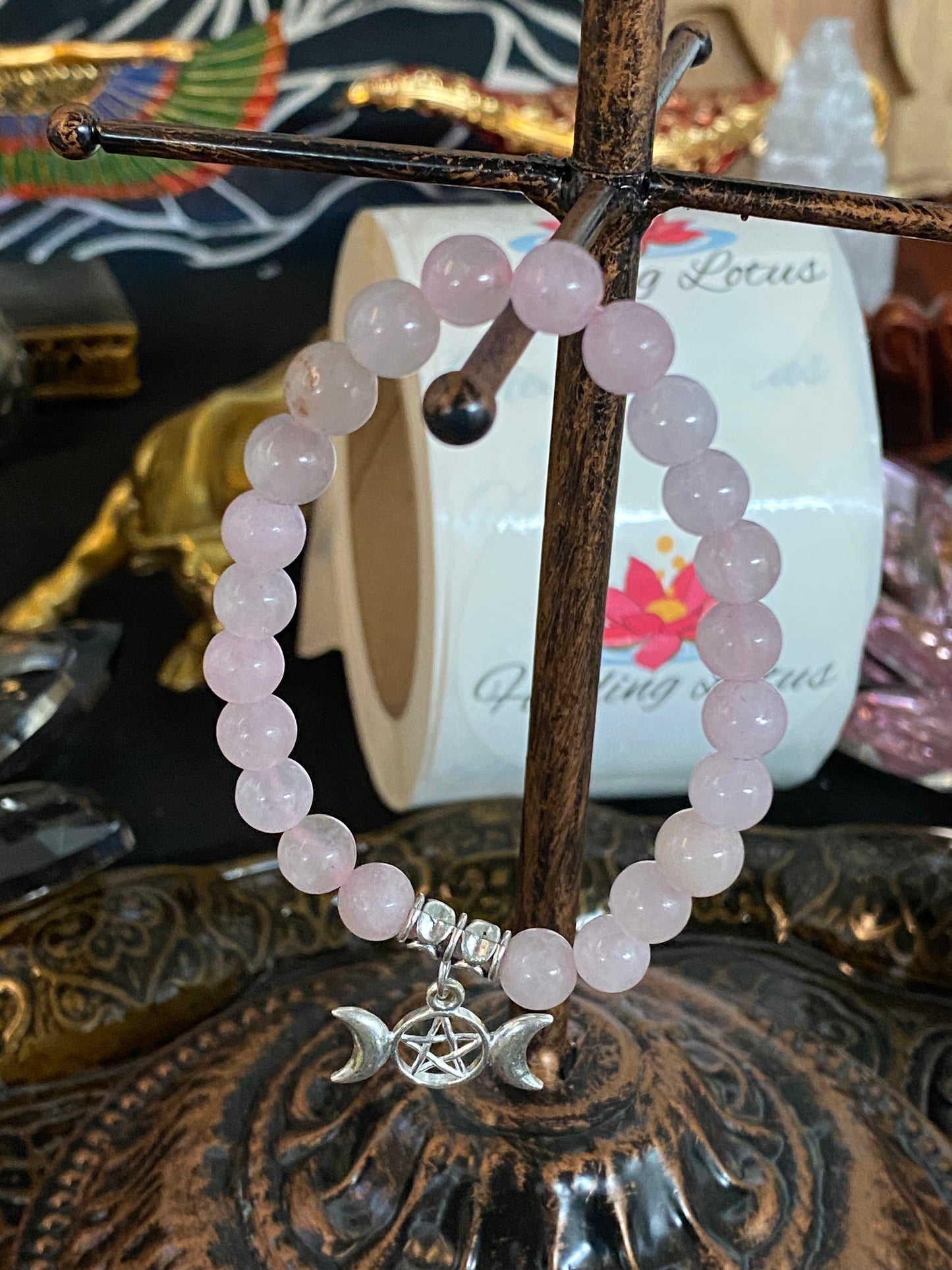 Rose Quartz Gemstone Bracelet With Triple Moon Charm