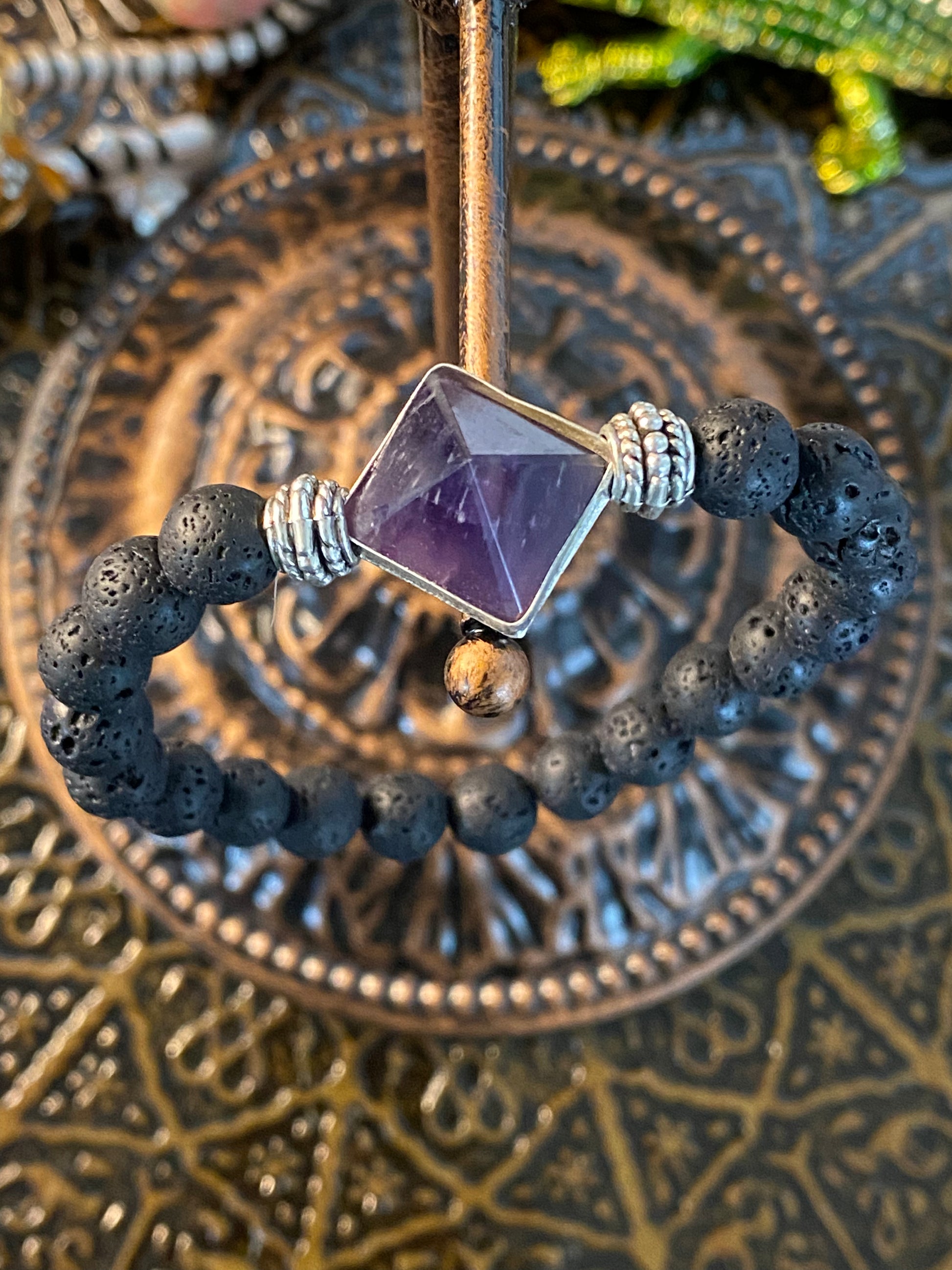 Lava Rock Gemstone Bracelet With Amethyst Pyramid