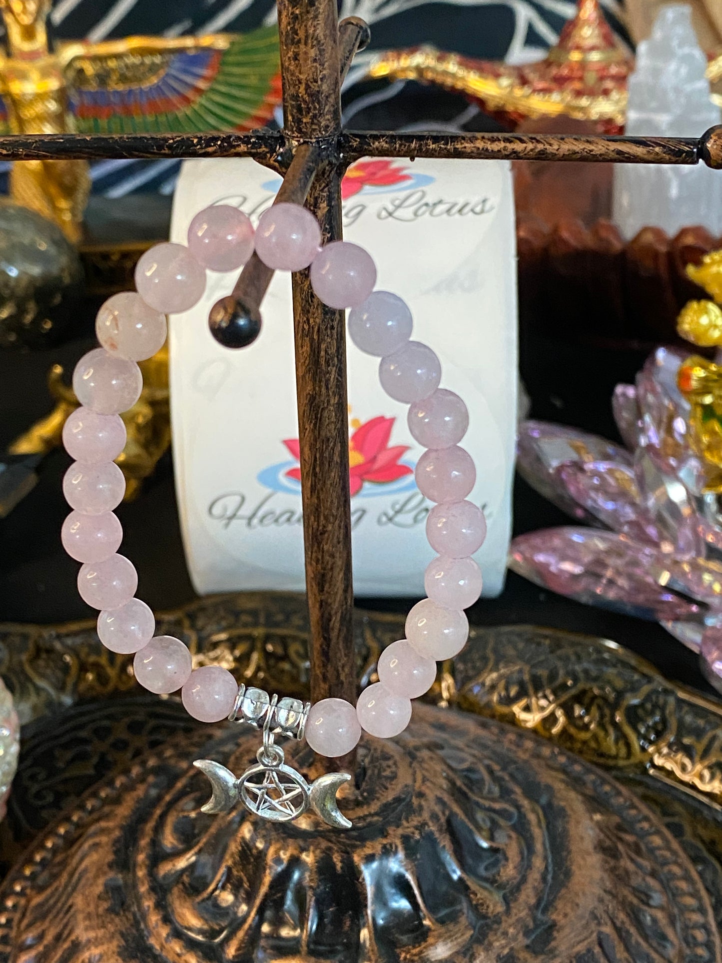 Rose Quartz Gemstone Bracelet With Triple Moon Charm