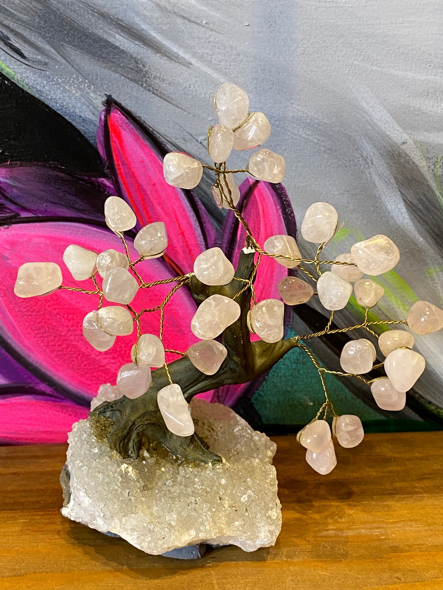 Bonsai Tree: Rose Quartz On Clear Quartz Cluster