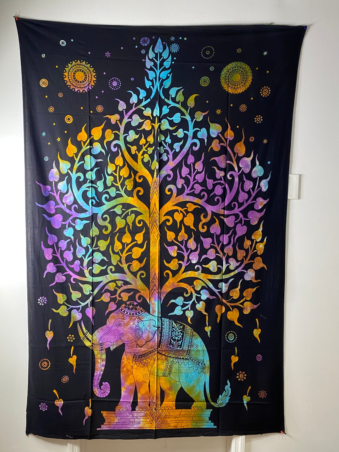 Dark Multi-Color Indian Elephant Bodhi Tree Tapestry