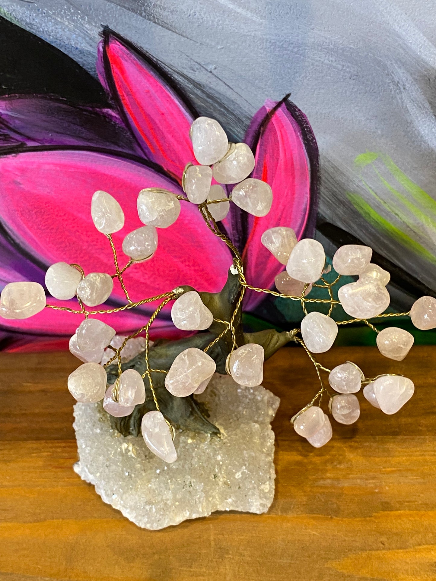 Bonsai Tree: Rose Quartz On Clear Quartz Cluster