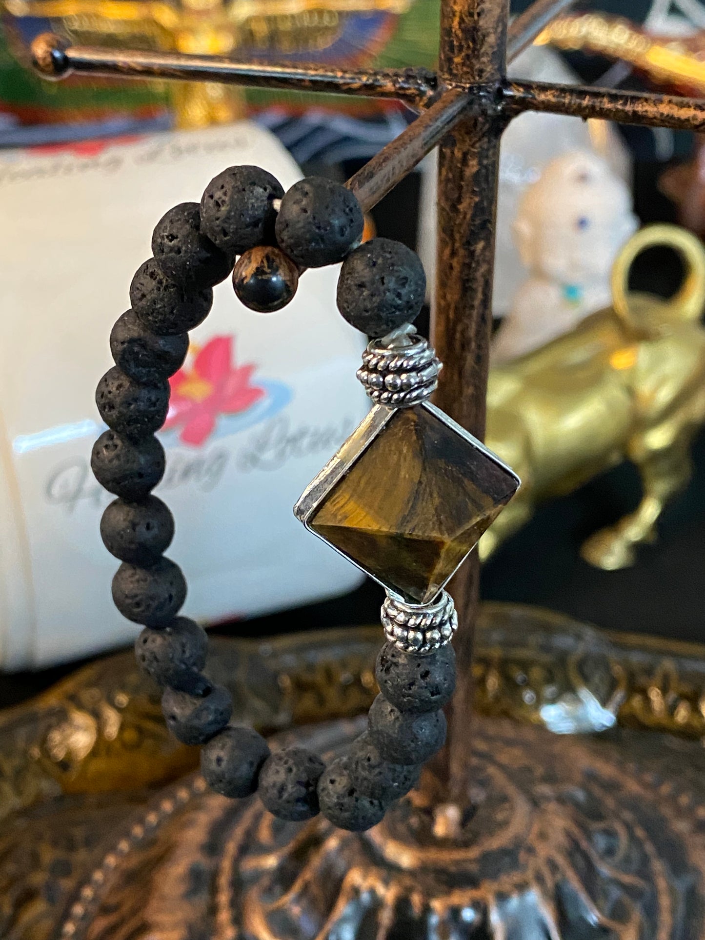 Lava Rock Gemstone Bracelet With Tiger Eye Pyramid