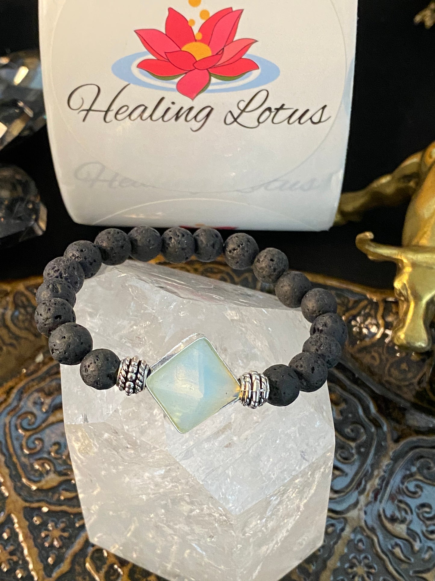 Lava Rock Gemstone Bracelet With Opalite Pyramid