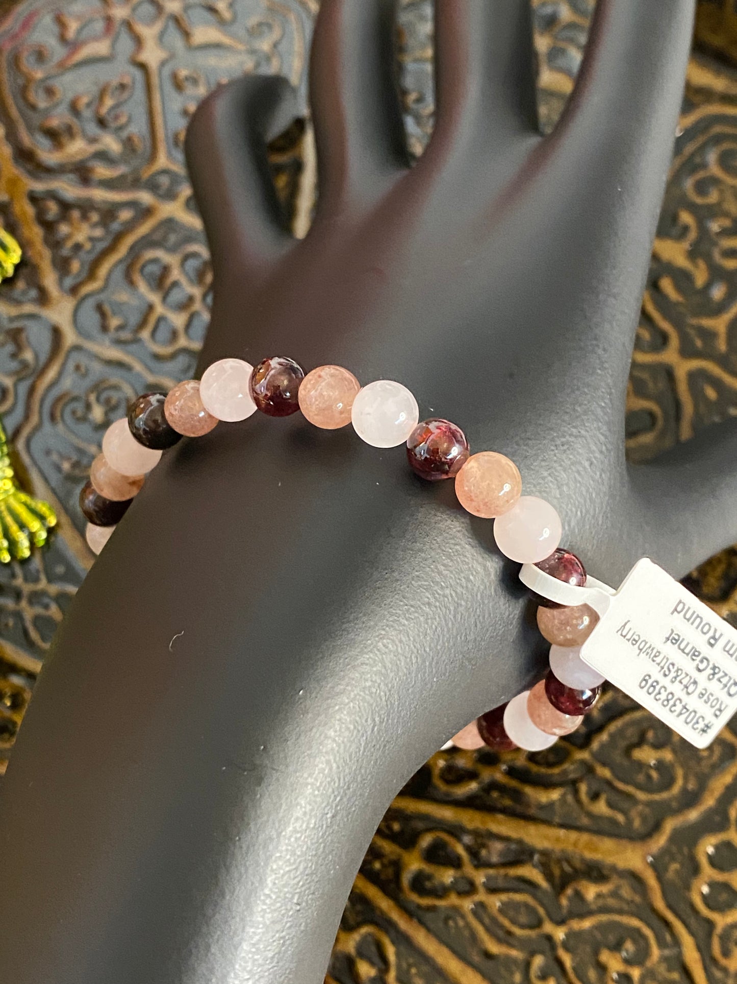 Rose Quartz, Strawberry Quartz and Garnet Beaded String Bracelet