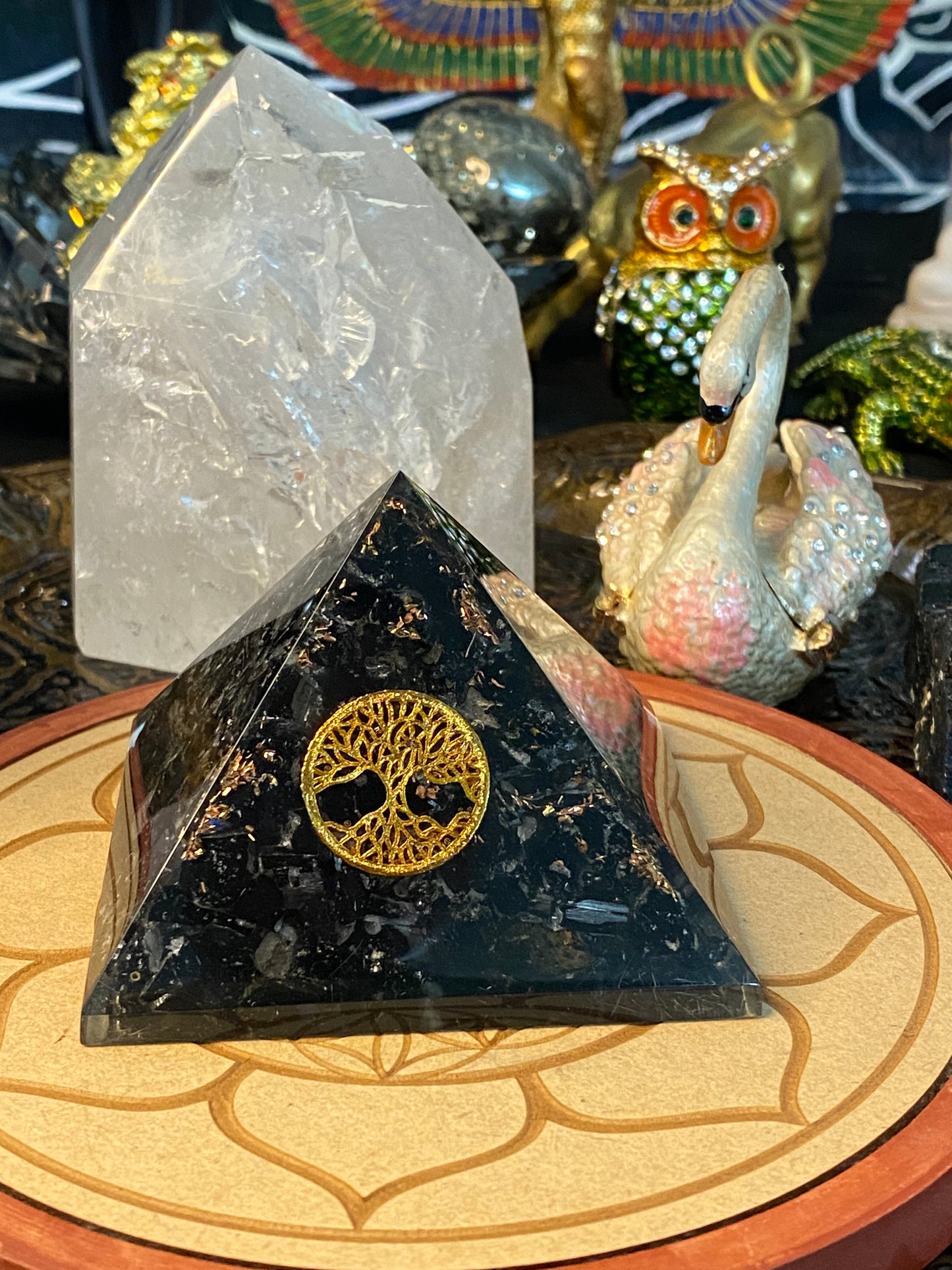 Orgonite Pyramid Large Black Tourmaline with Tree Of Life Emblem and Gold Dust