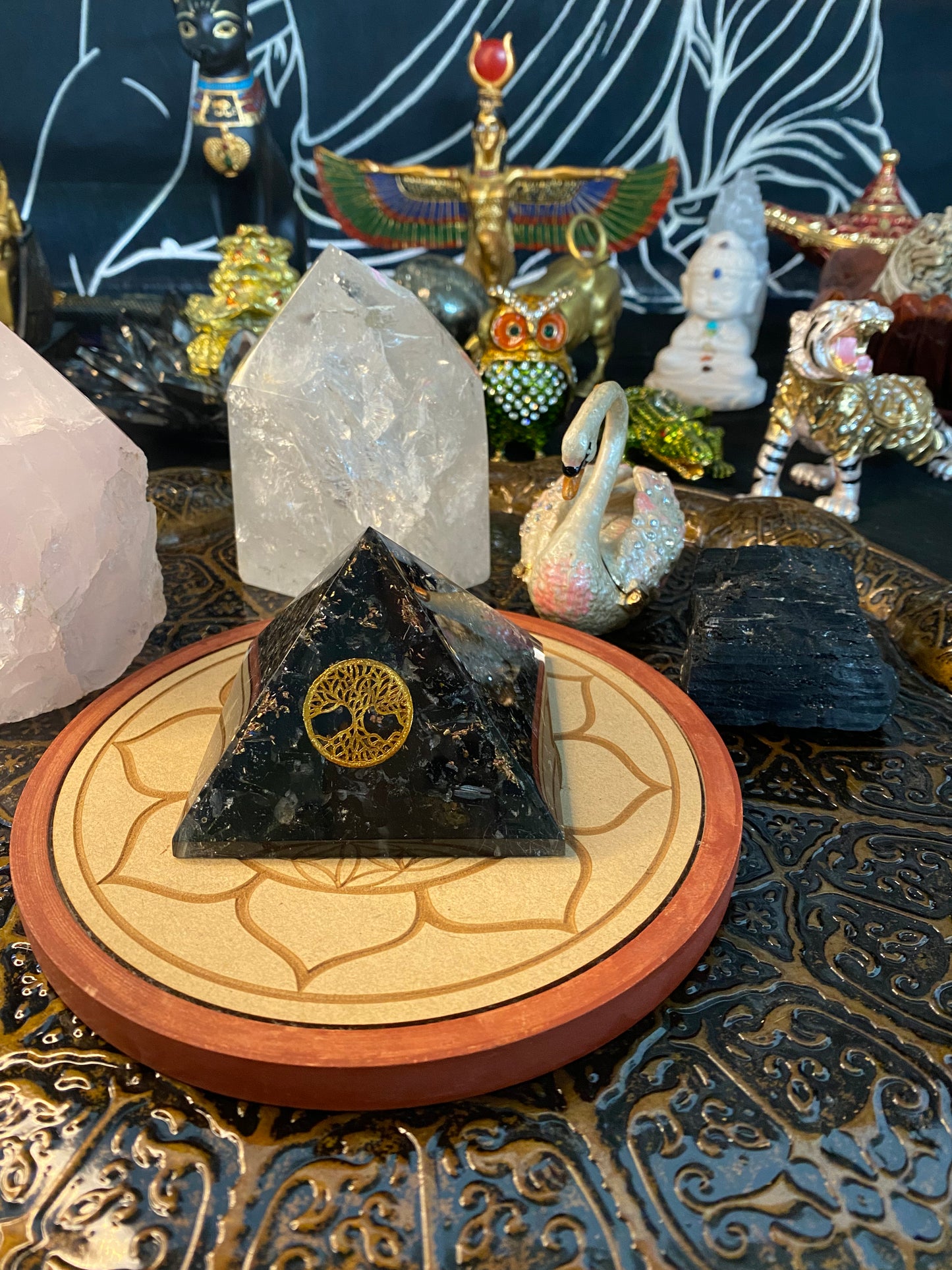 Orgonite Pyramid Large Black Tourmaline with Tree Of Life Emblem and Gold Dust