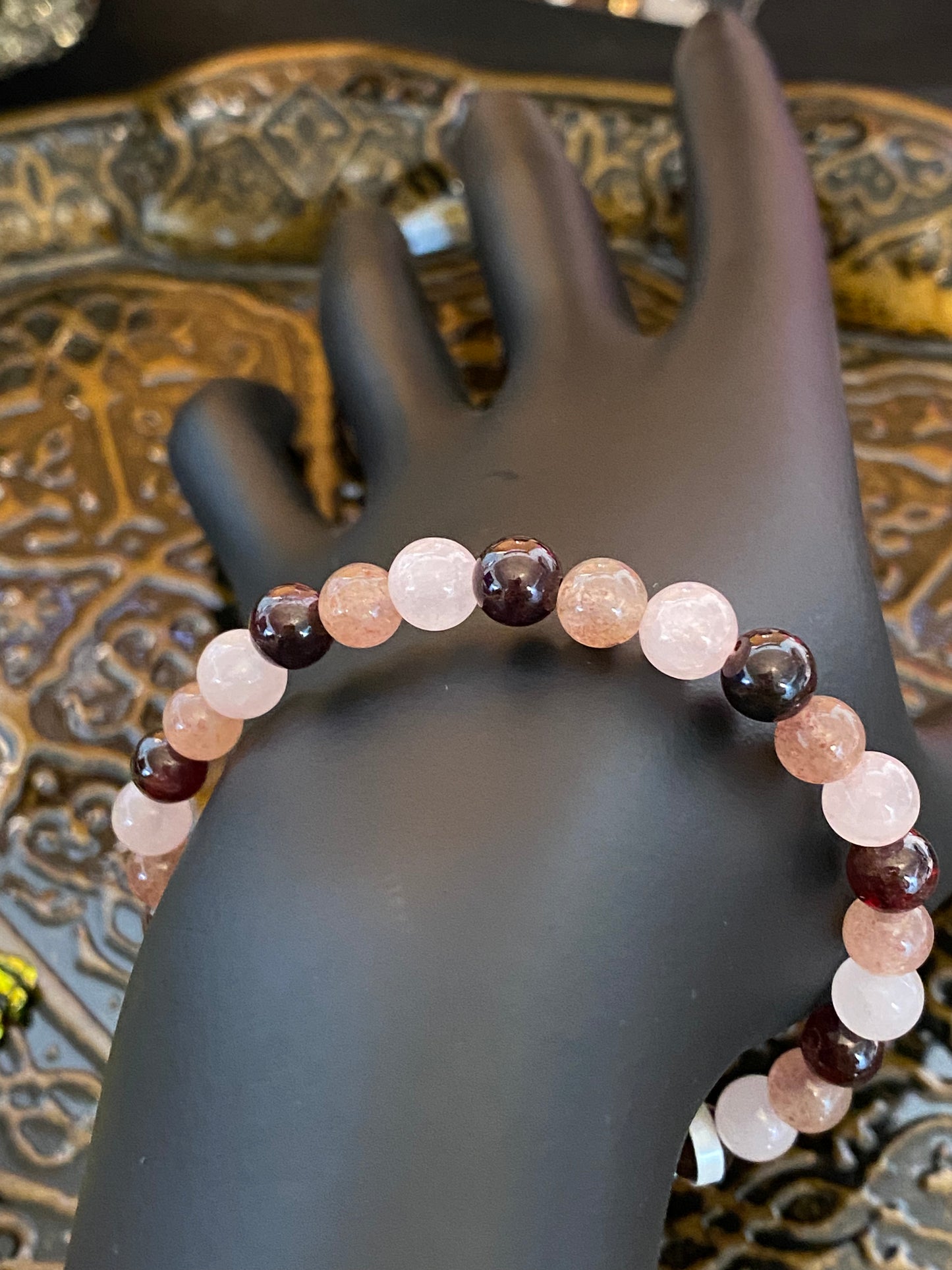 Rose Quartz, Strawberry Quartz and Garnet Beaded String Bracelet