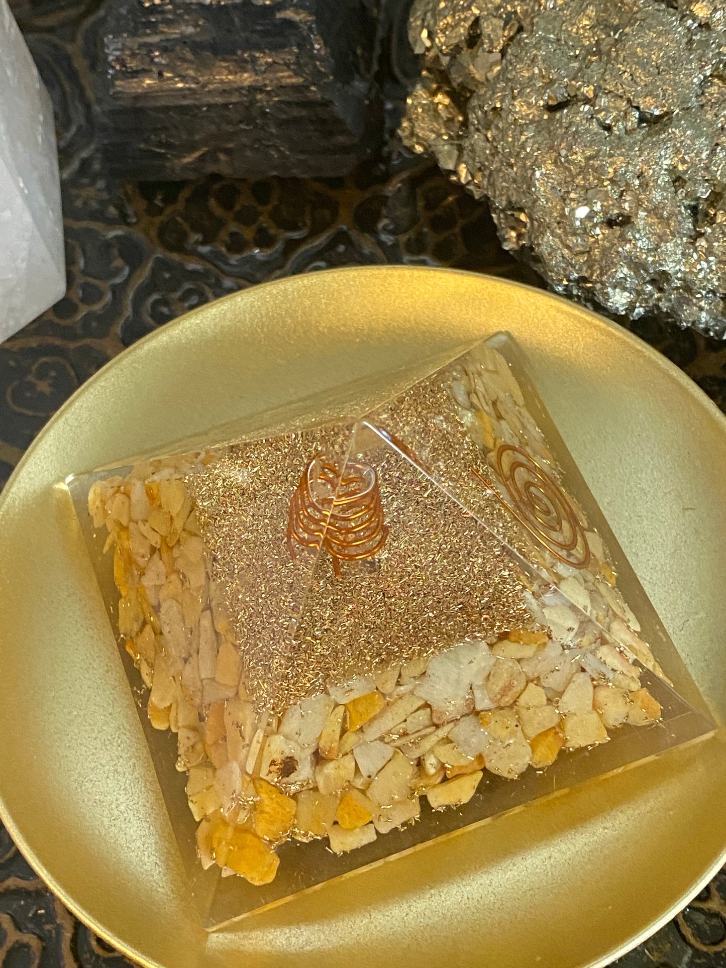 Orgonite Pyramid Yellow Aventurine with Copper Coil Clear Quartz Point And Gold Dust