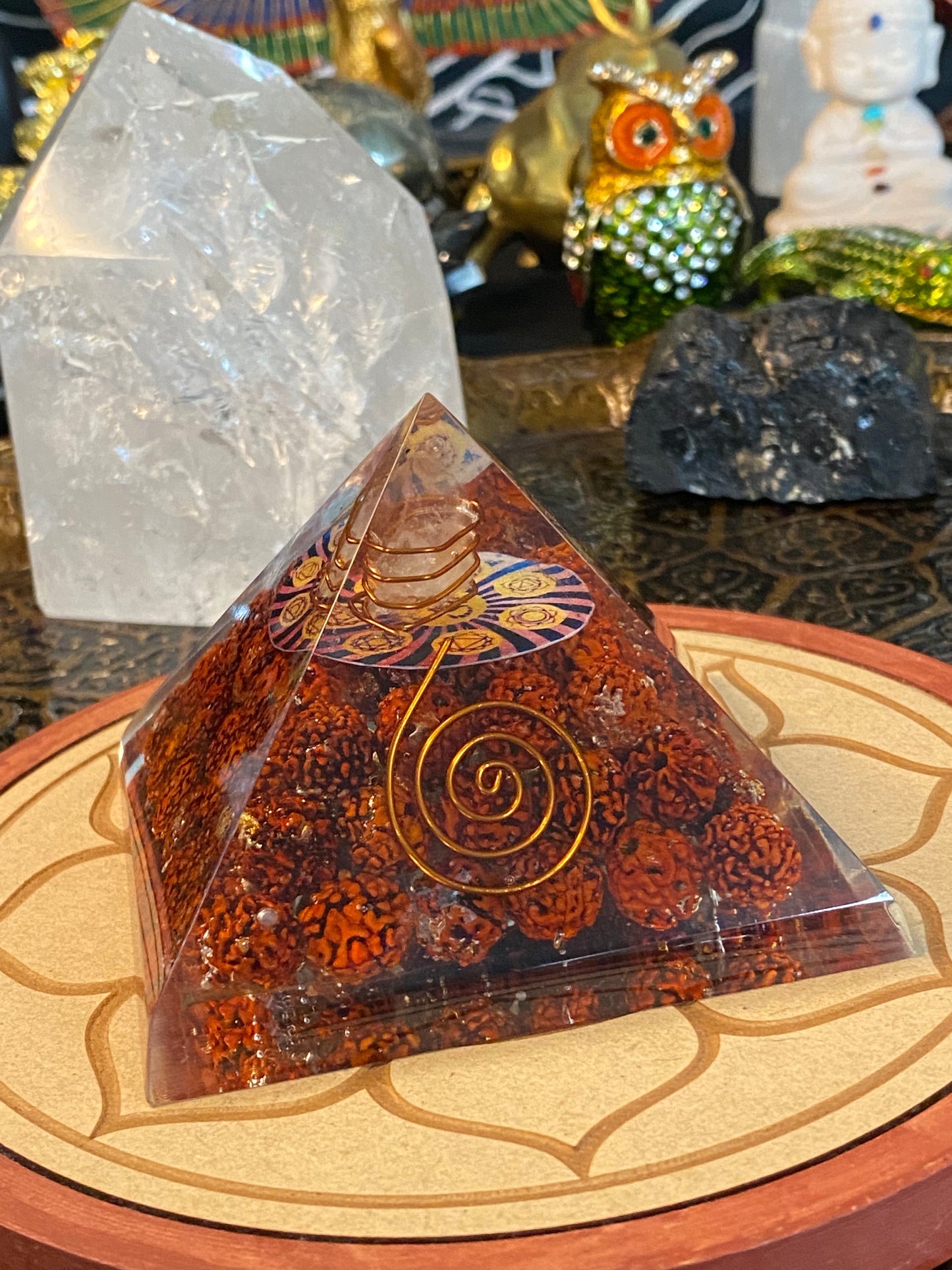 Rudraksha Seeds Large Orgonite Pyramid Om Talisman and Reiki Coil