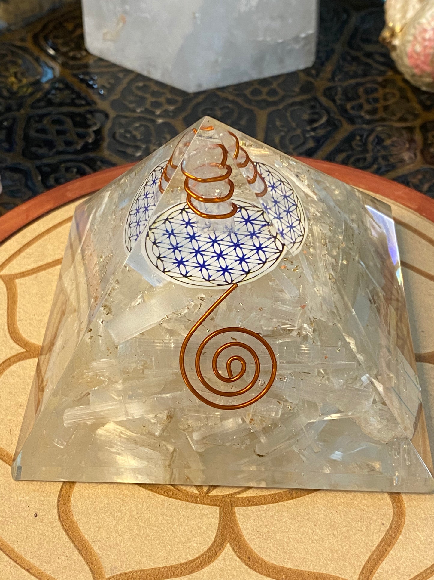 Orgonite Pyramid Large Selenite with Clear Quartz Point Flower Of Life Talisman and Gold Dust